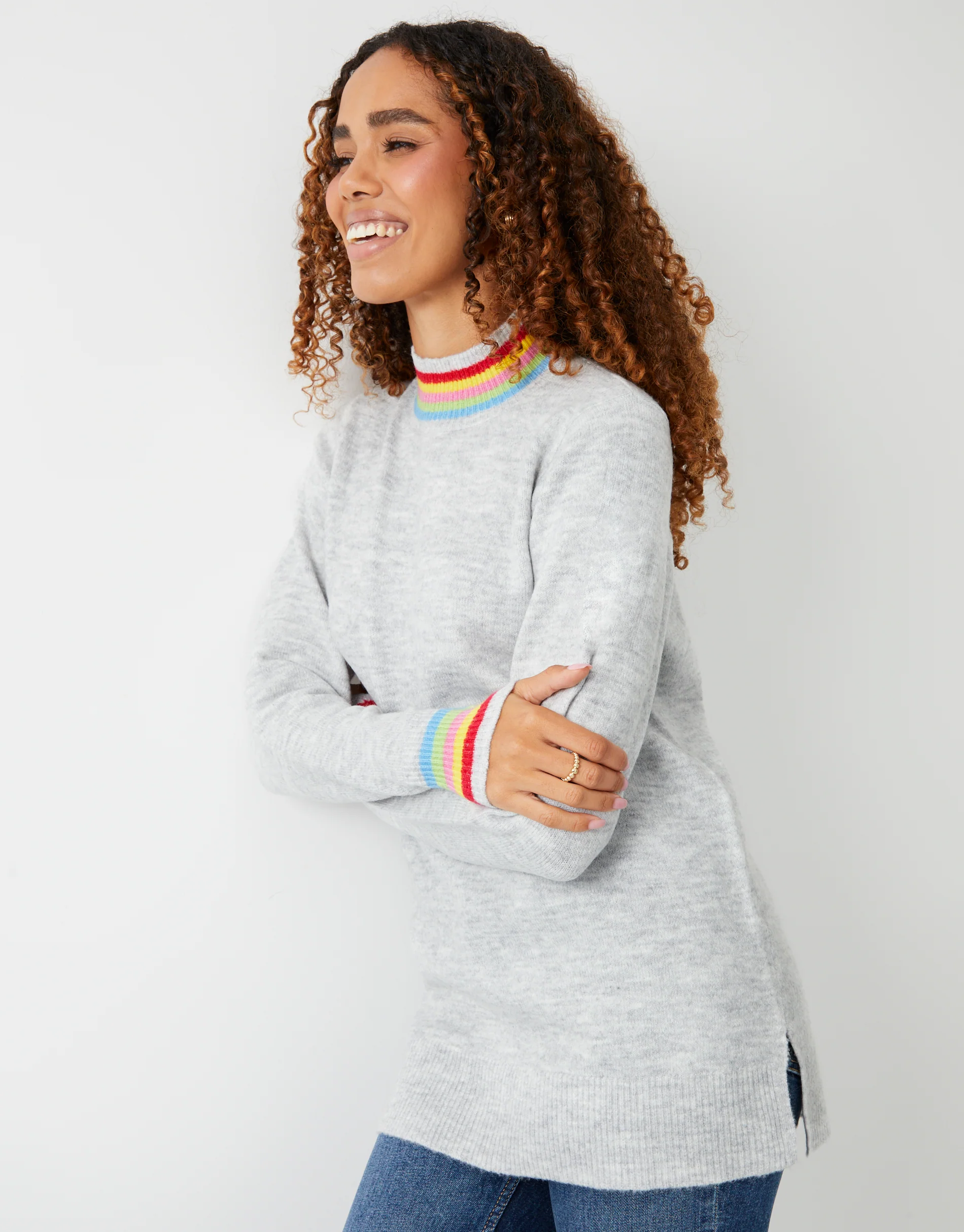 Colour Trim High Neck Jumper in Grey