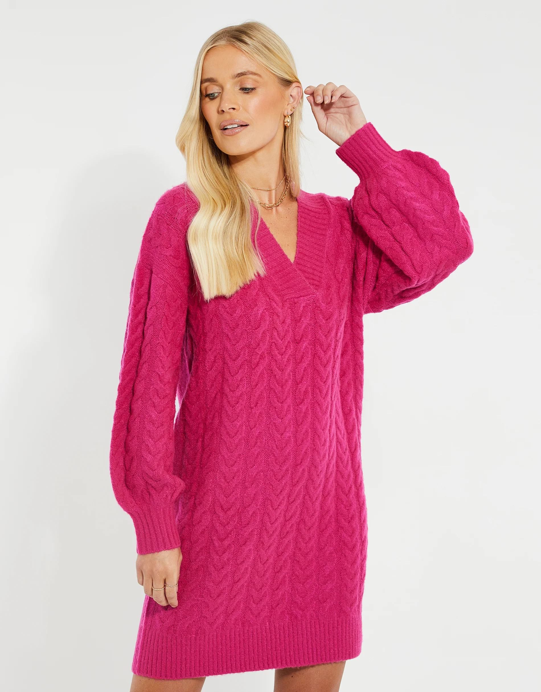 Cable Knit Jumper Dress in Pink - Image 2