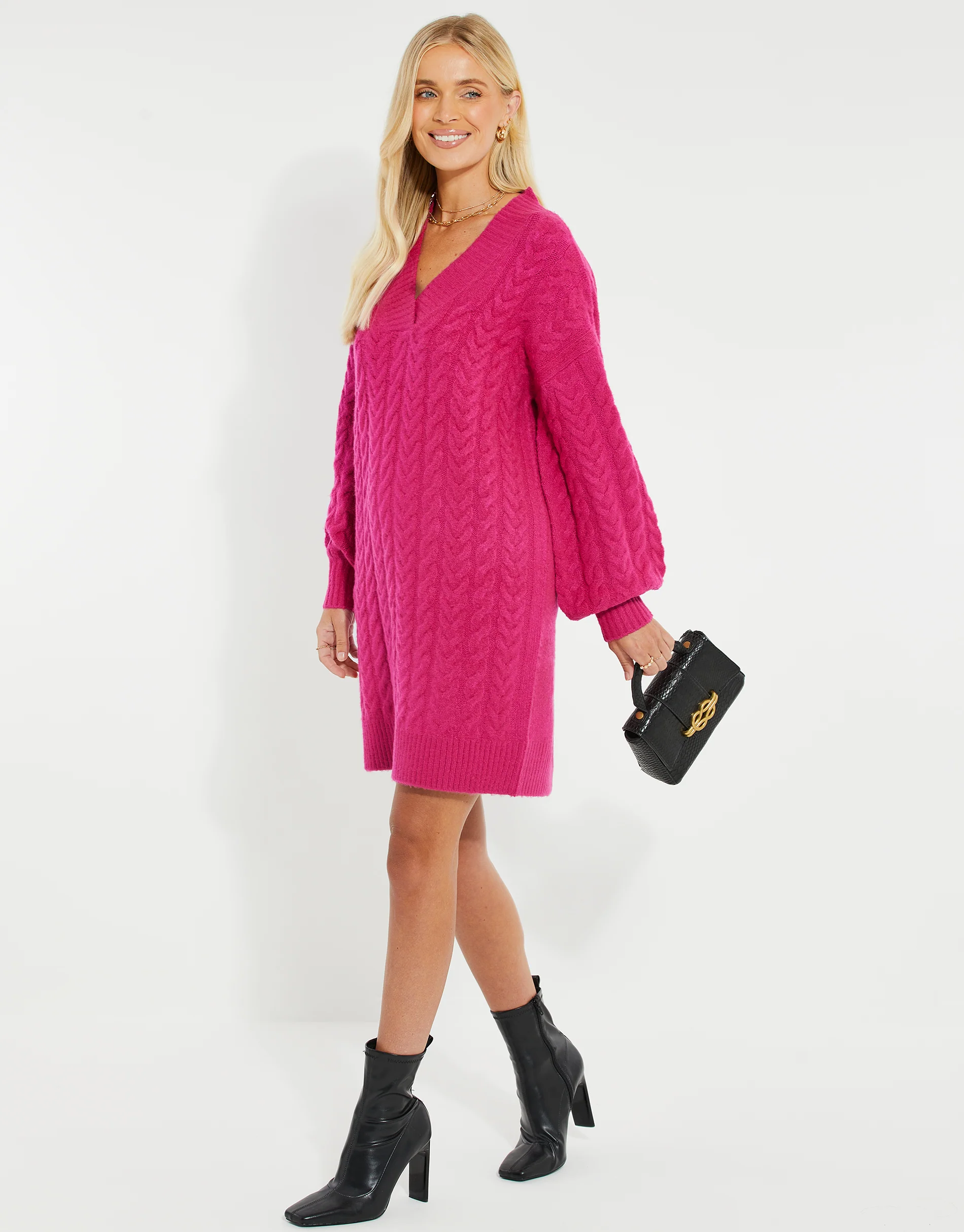 Cable Knit Jumper Dress in Pink - Image 3