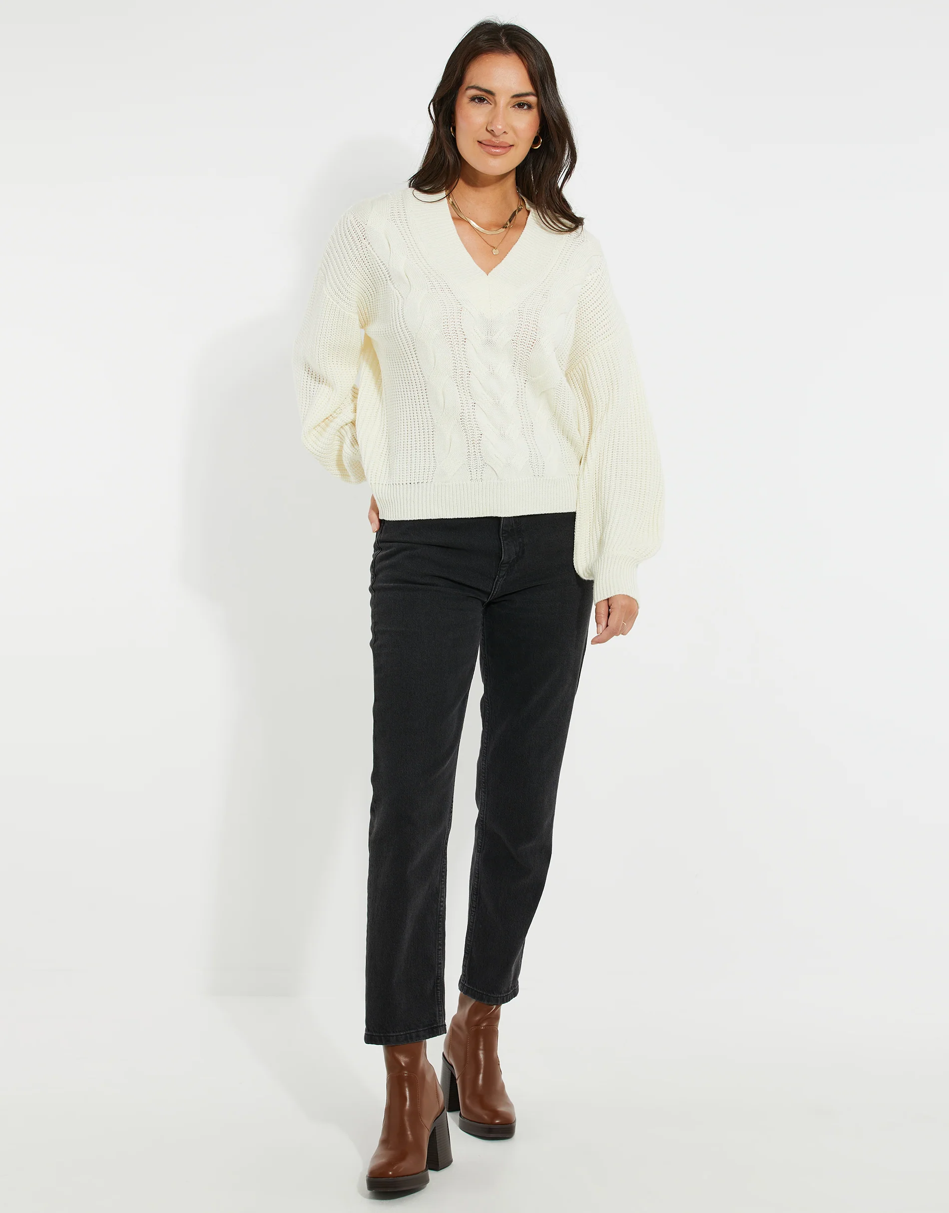 Cable Knit V Neck Jumper in Ivory - Image 3