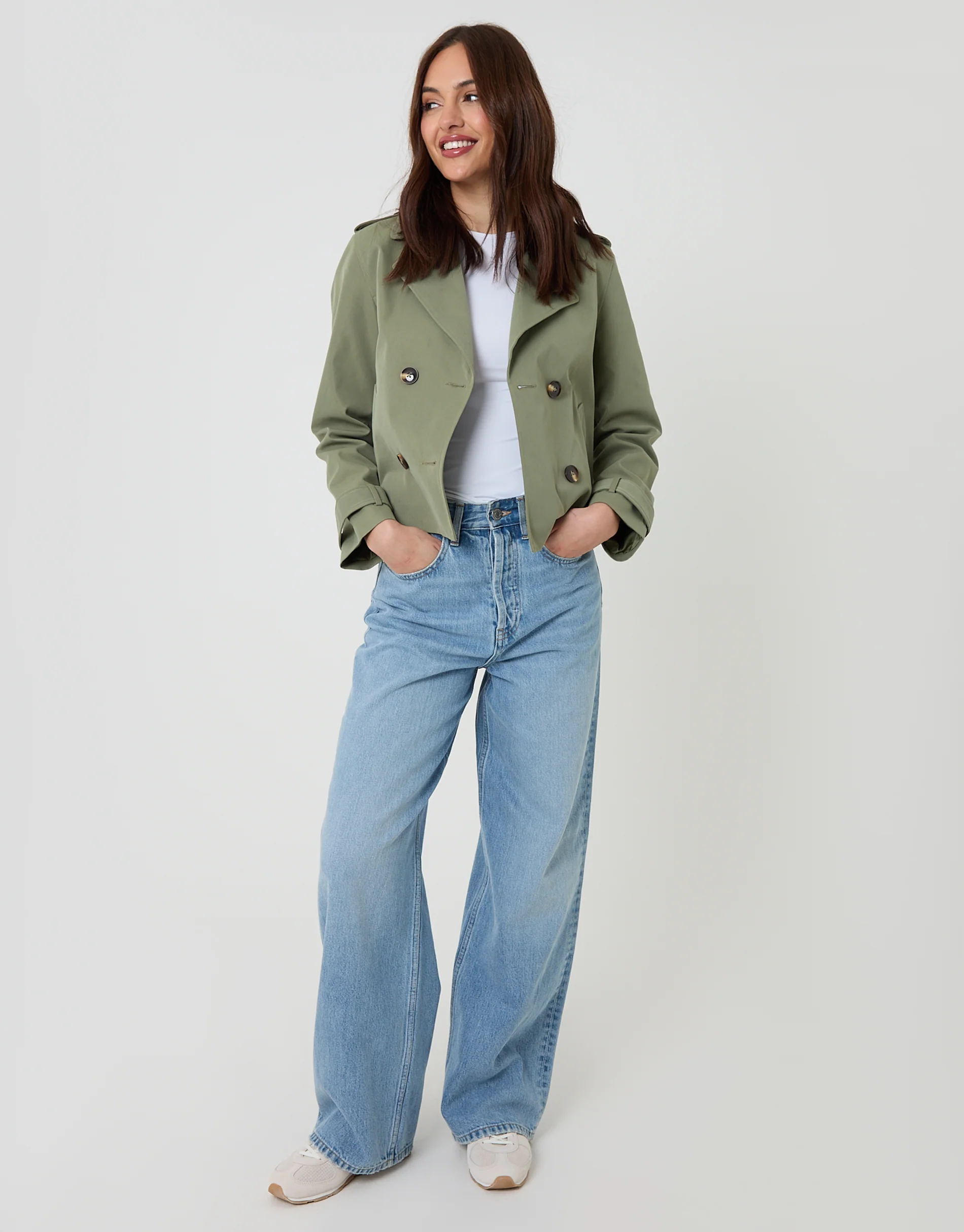 Double Breasted Cropped Trench Coat in Khaki Green - Image 4
