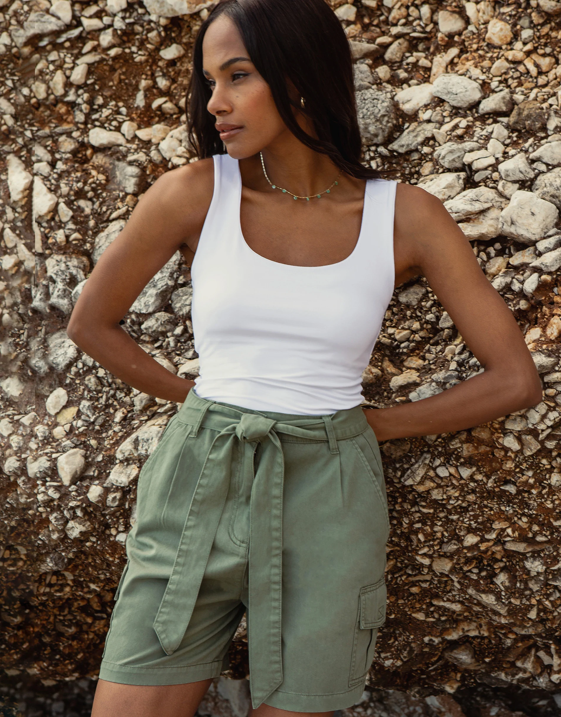 Belted Cargo Shorts in Khaki Green