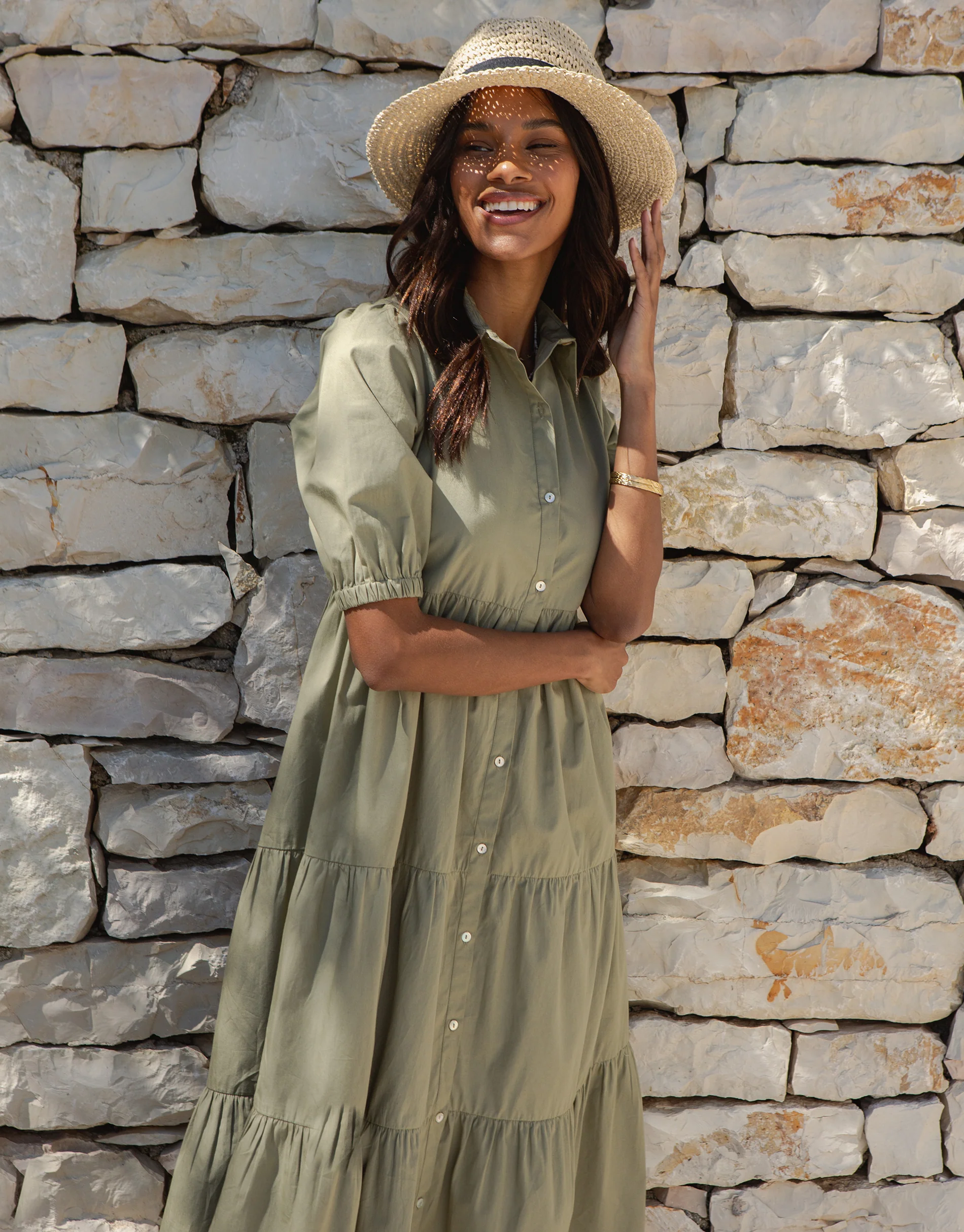 Button Down Collared Tiered Maxi Shirt Dress in Khaki Green