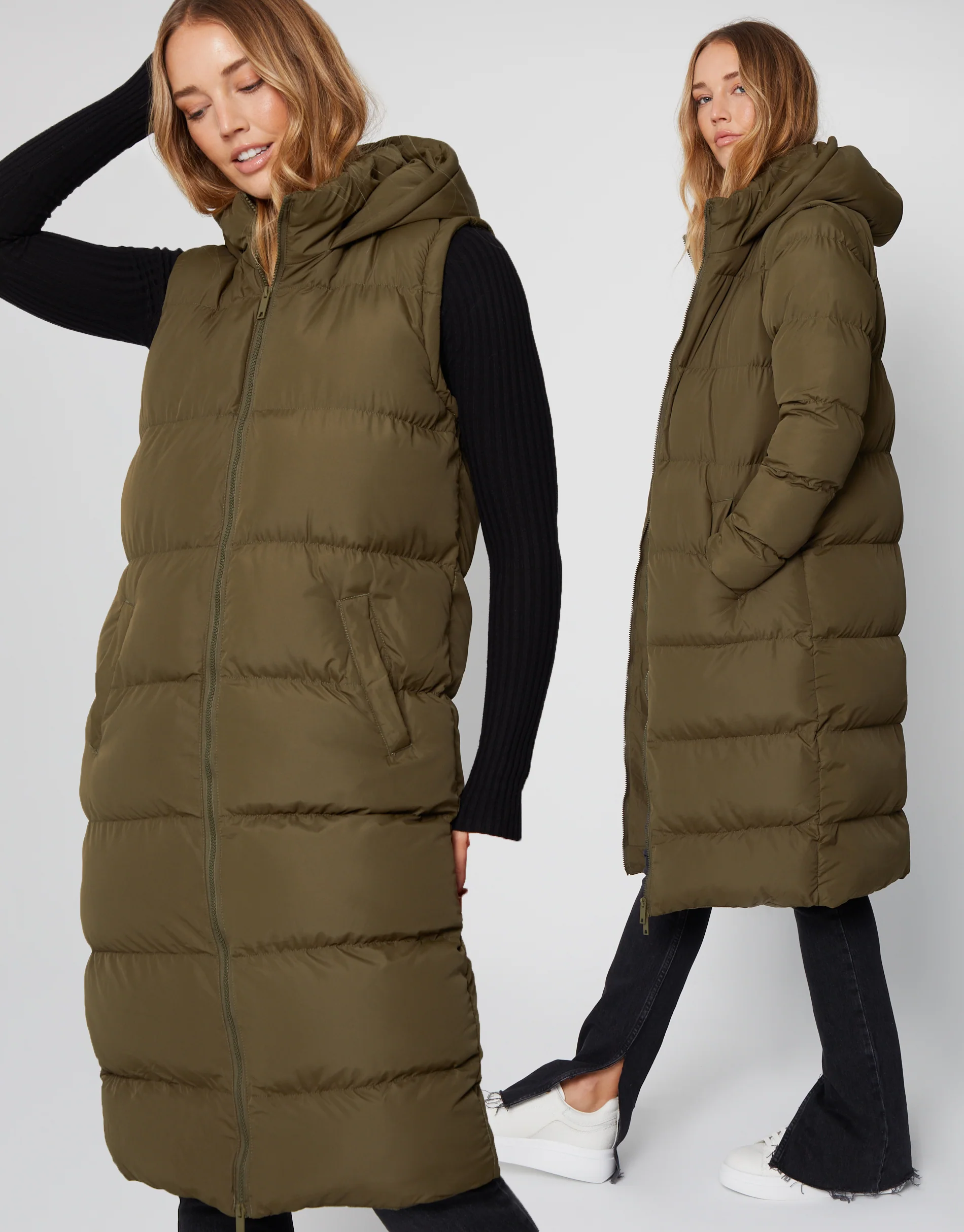 Padded Longline 2-in-1 Puffer Jacket with Detachable Sleeves in Khaki Green