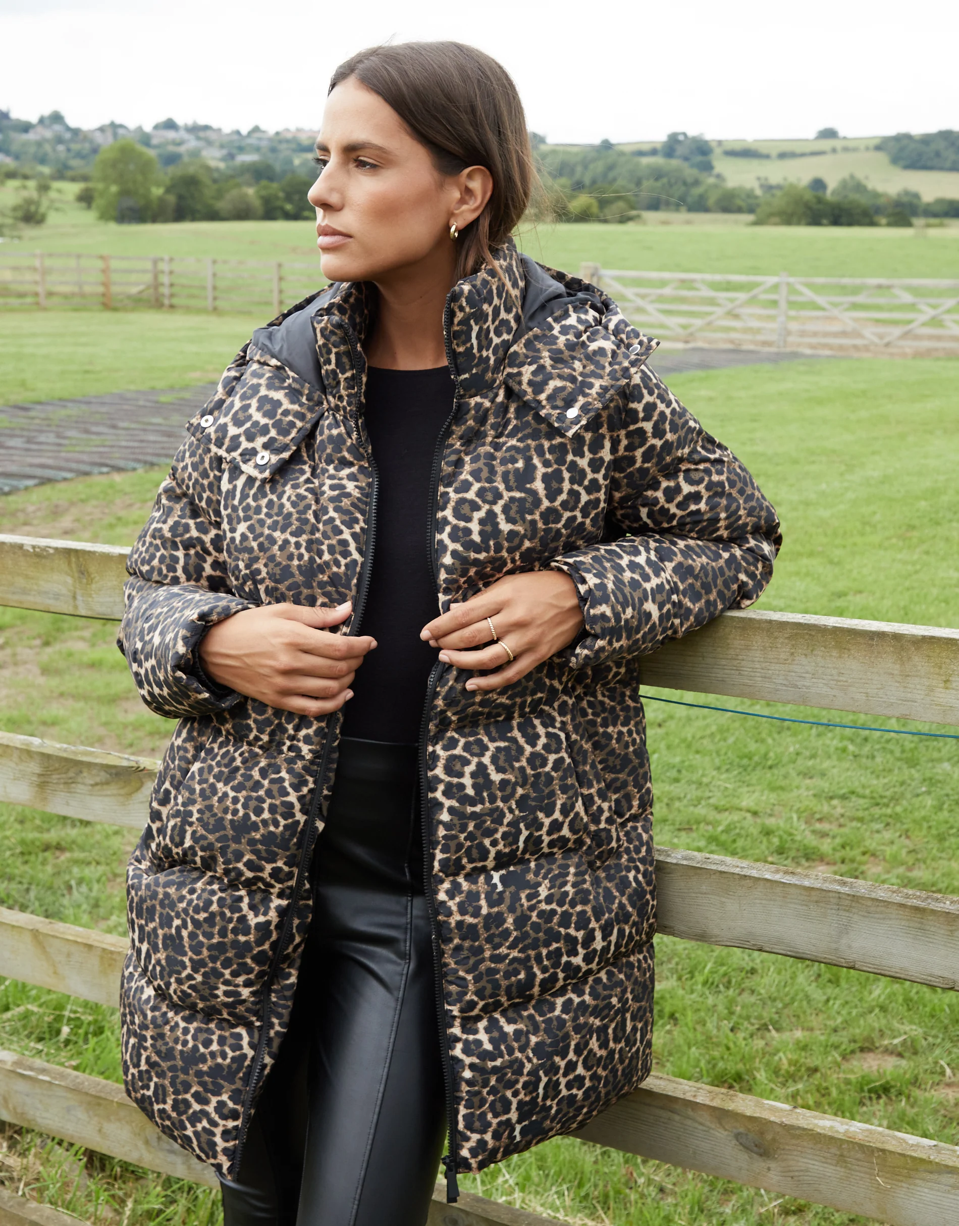 Leopard Mid Length Hooded Puffer Coat in Leopard Print