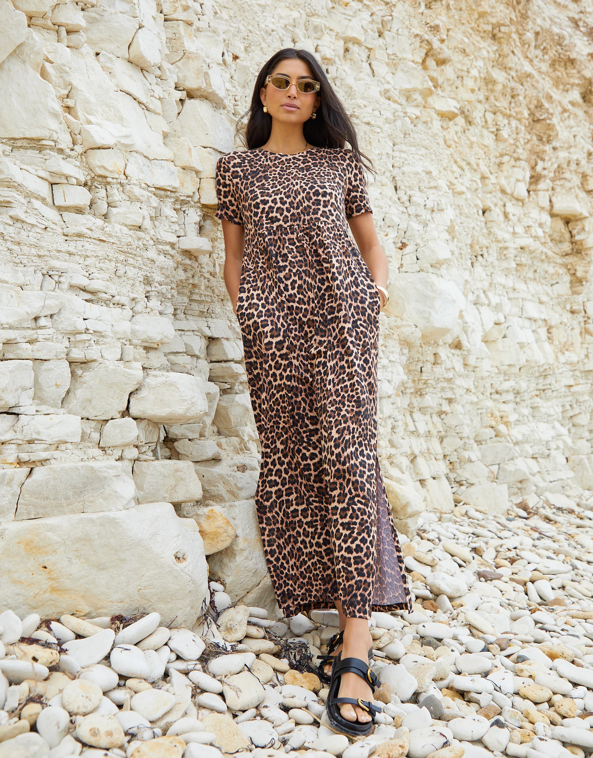 Jersey Maxi Dress with Pockets in Leopard Print