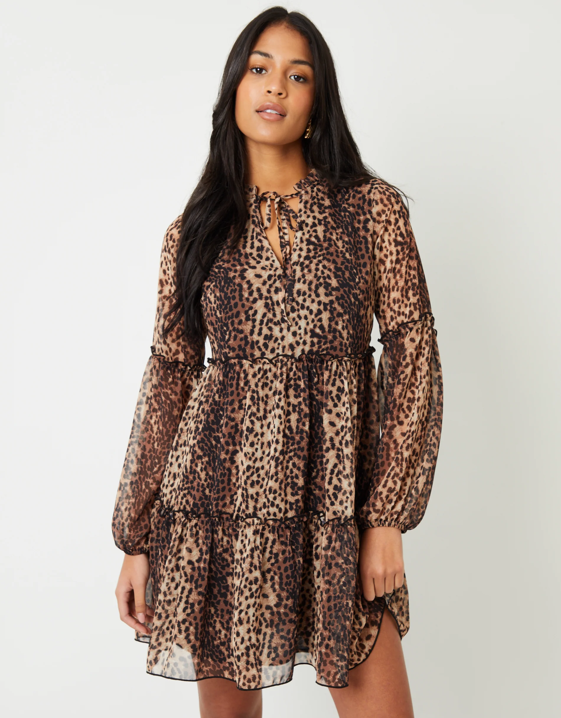 Tiered Chiffon Mini Dress in Leopard Print