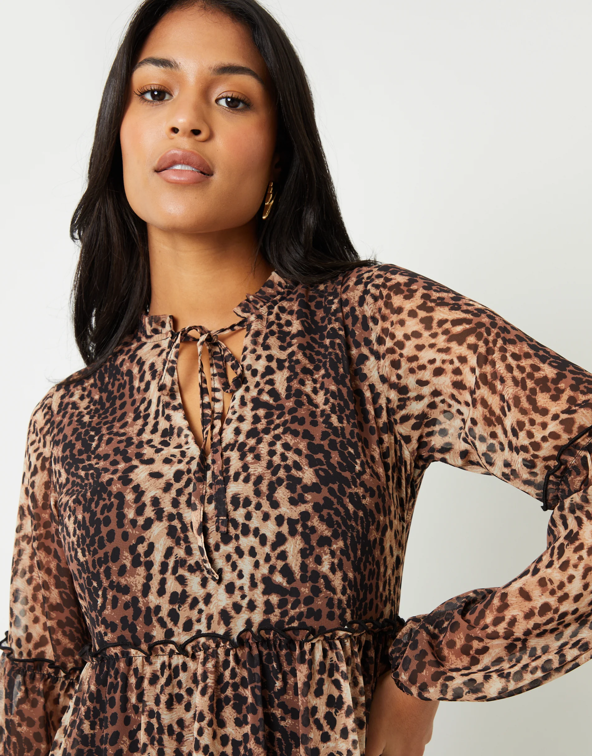 Tiered Chiffon Mini Dress in Leopard Print - Image 3