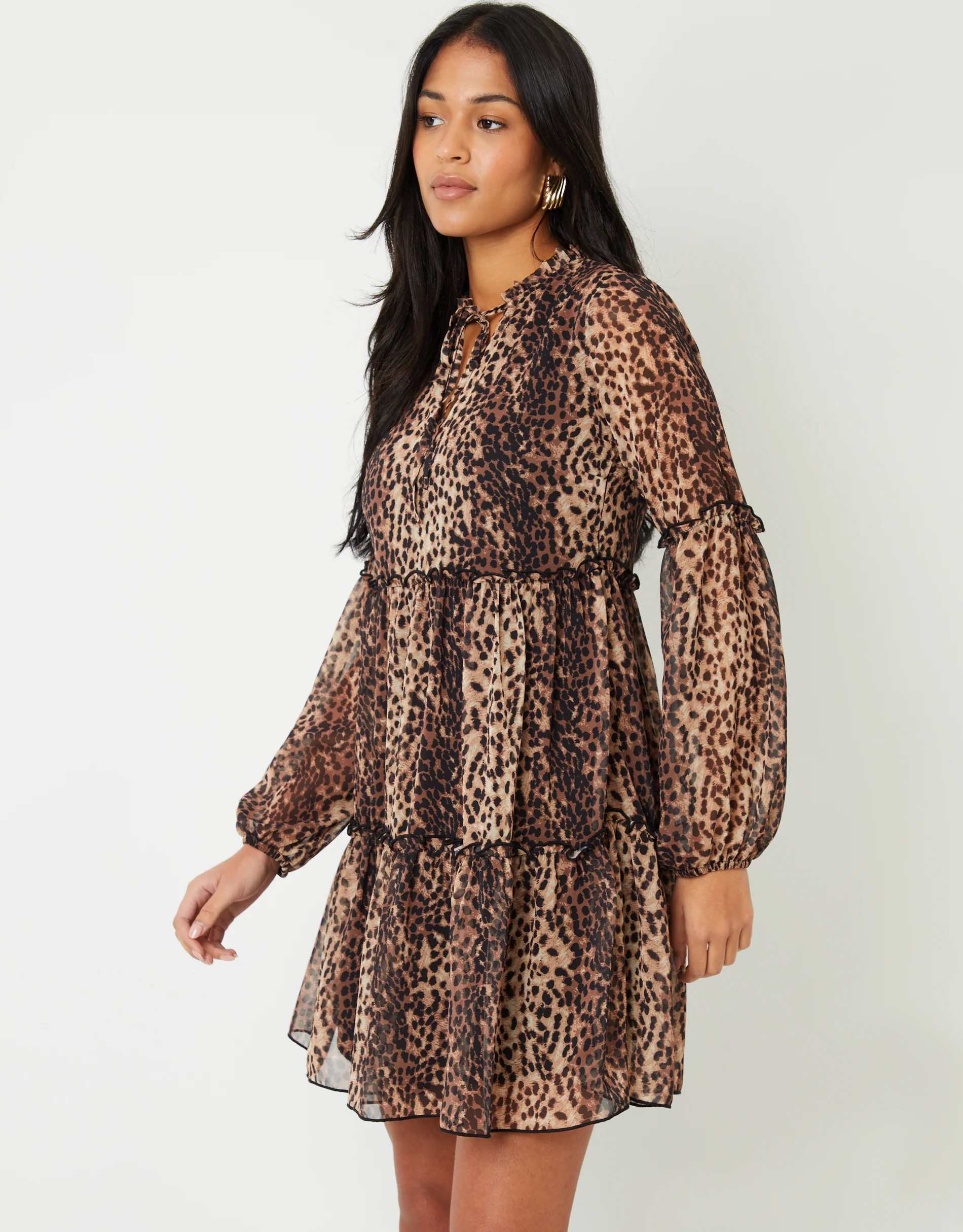 Tiered Chiffon Mini Dress in Leopard Print - Image 5