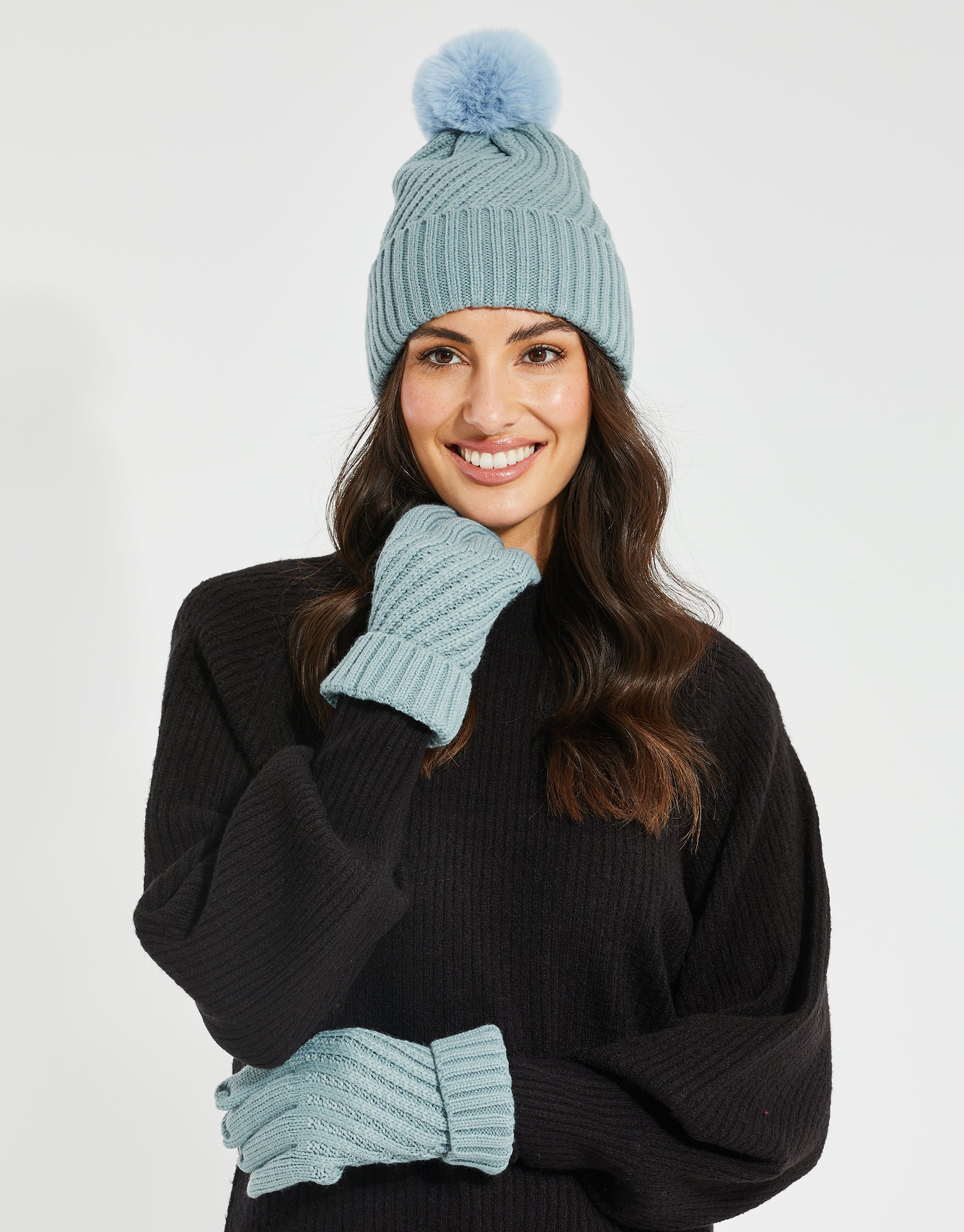 Light Knitted Hat & Gloves Set in Blue