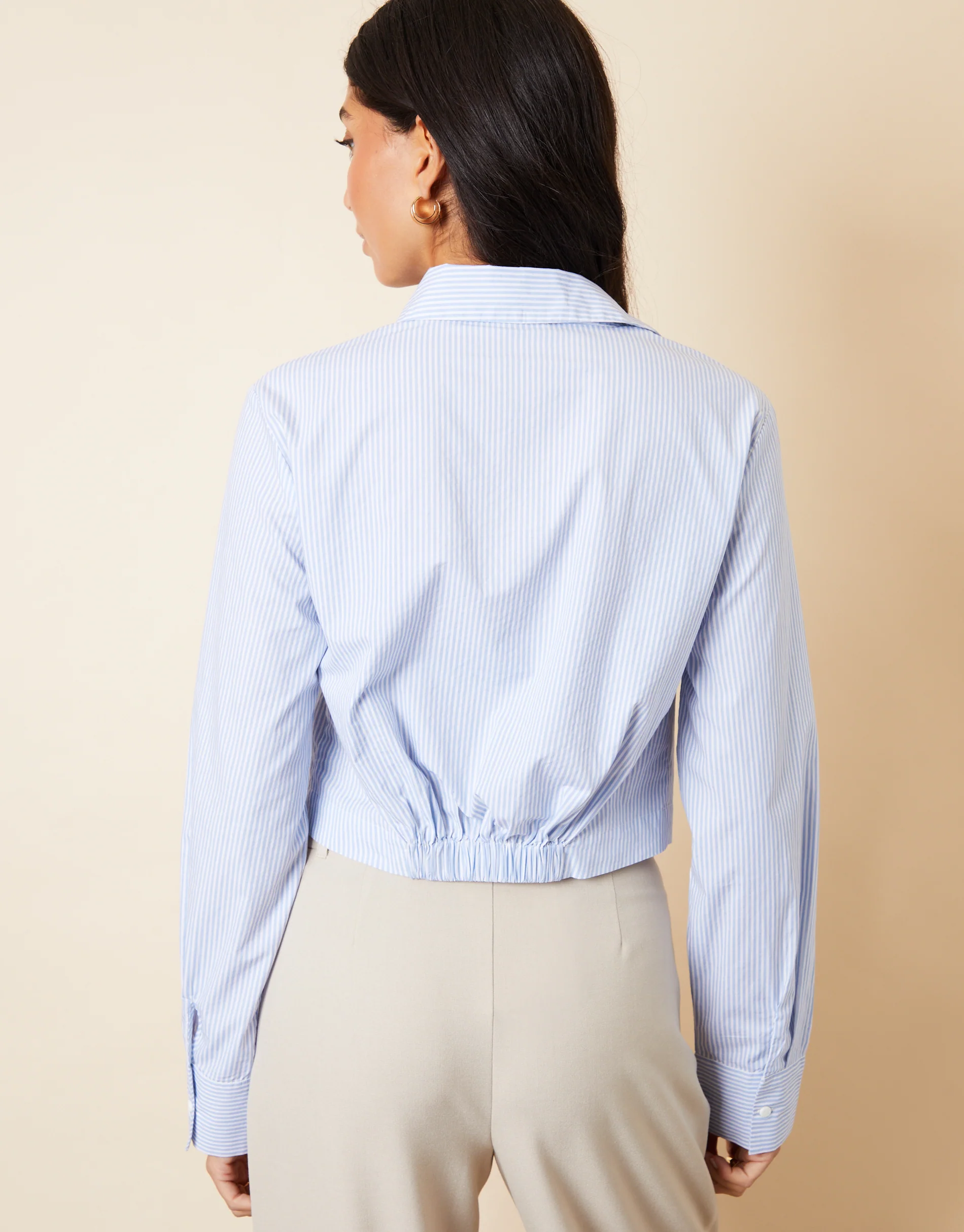 Boxy Cropped Elasticated Hem Shirt in Light Blue Stripe - Image 3