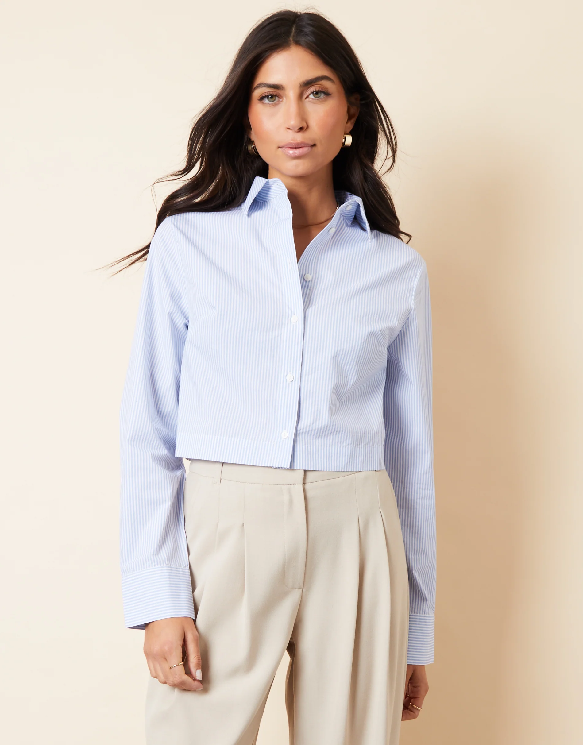 Boxy Cropped Elasticated Hem Shirt in Light Blue Stripe - Image 5