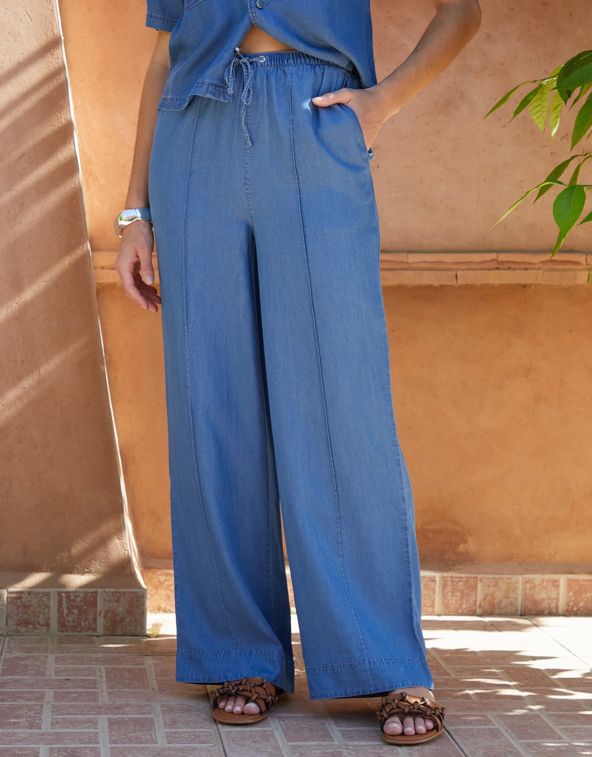 Wide Leg Pull On Chambray Trousers in Light Wash - Image 2
