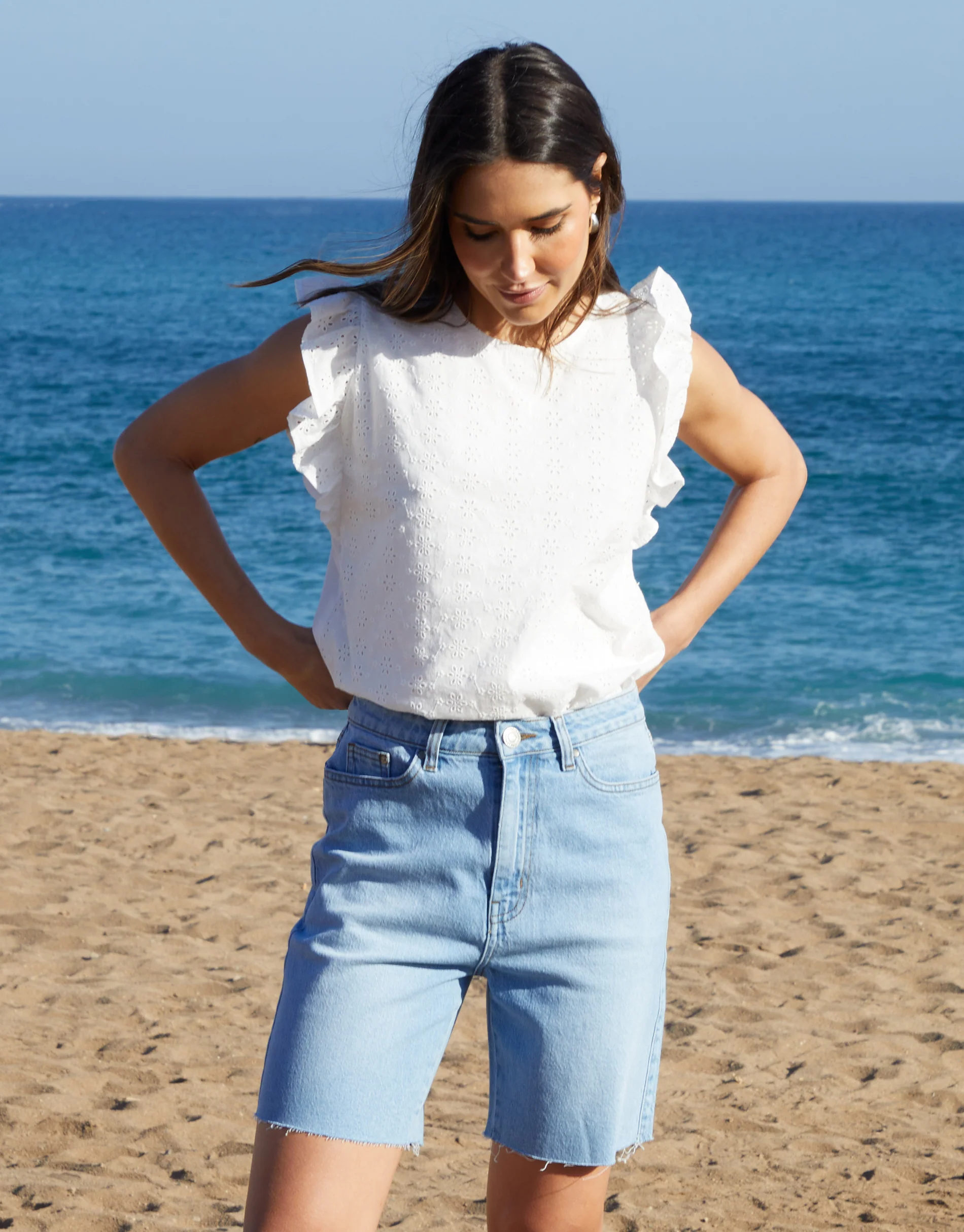 Raw Hem Denim Bermuda Shorts in Light Wash - Image 2