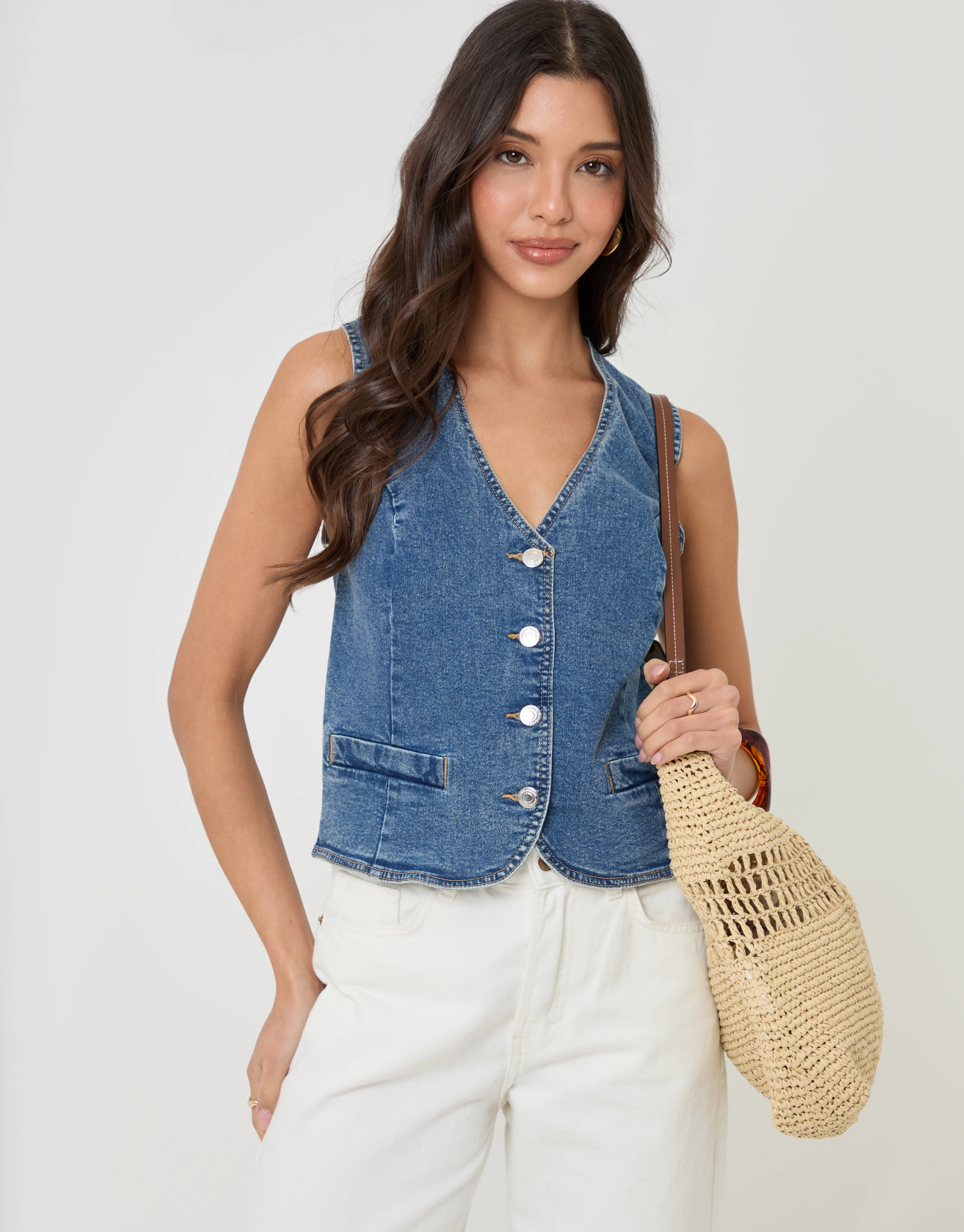 Fitted Denim Waistcoat in Mid Wash