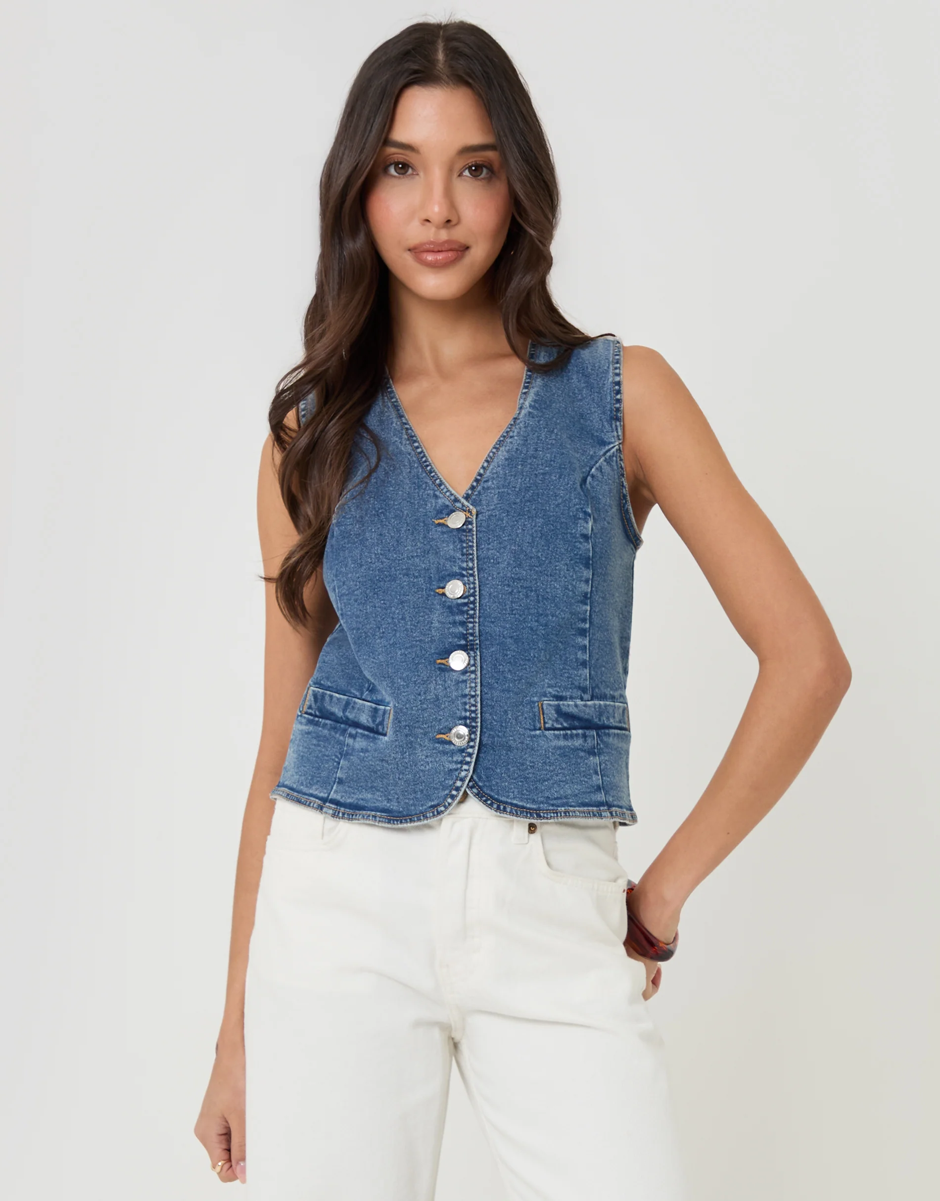 Fitted Denim Waistcoat in Mid Wash - Image 5