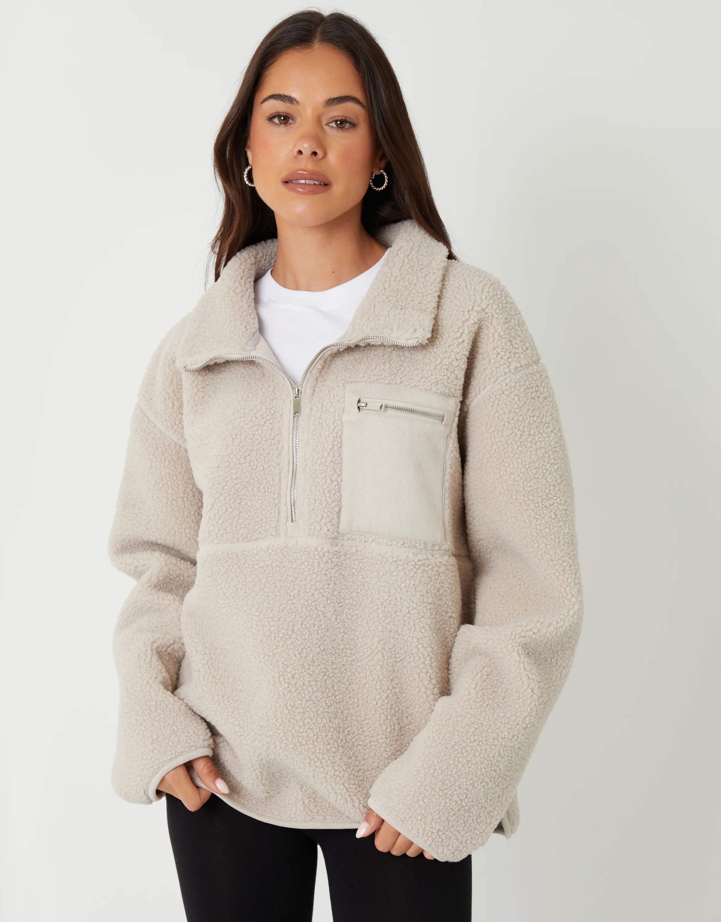 Half Zip Borg Fleece in Mushroom