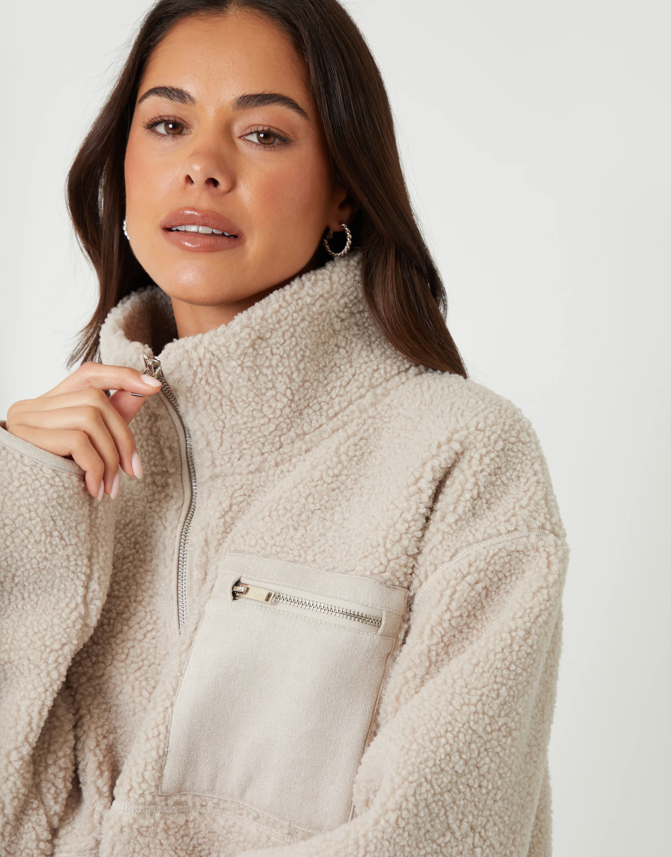 Half Zip Borg Fleece in Mushroom - Image 4