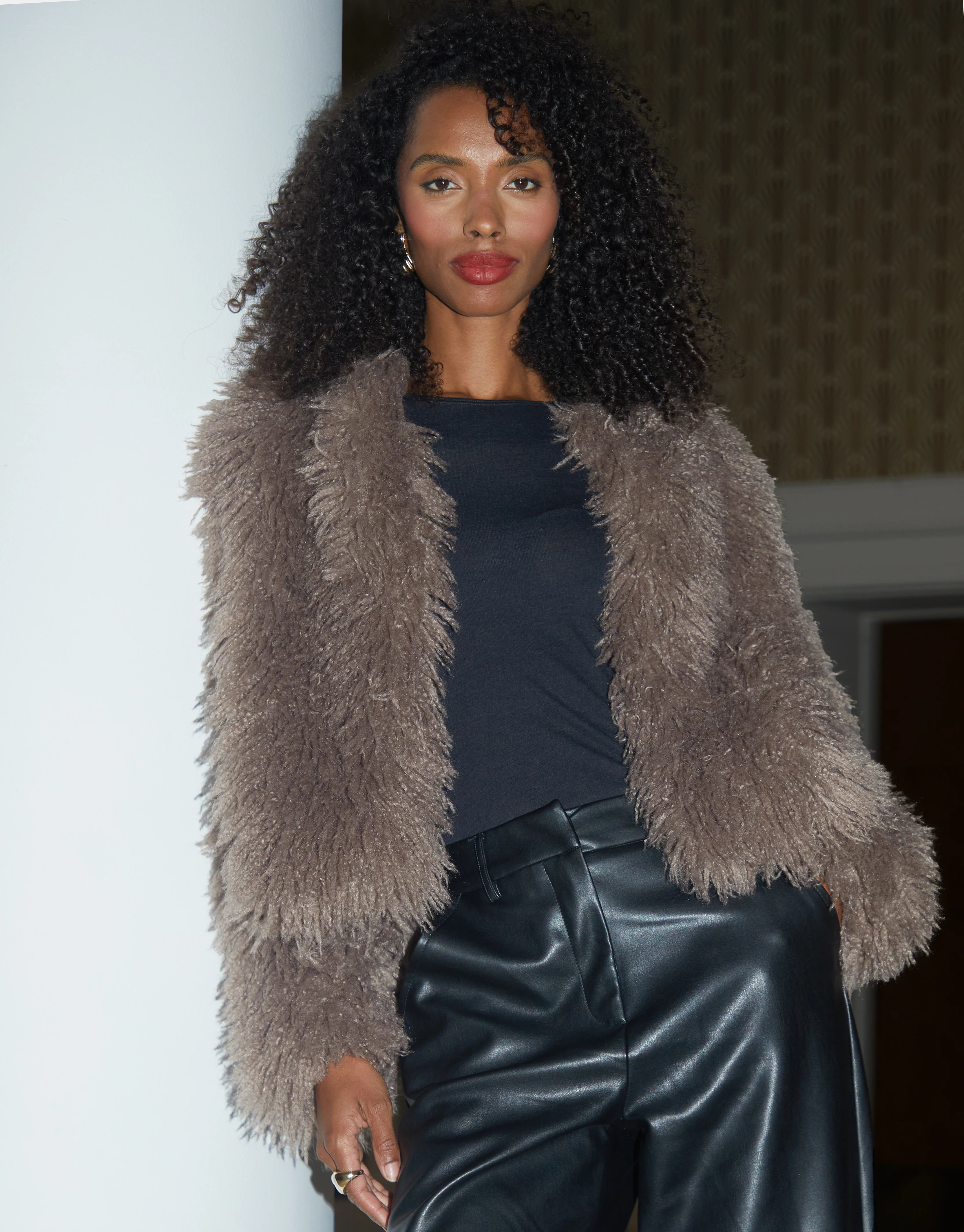 Mongolian Faux Fur Coat in Mushroom - Image 3