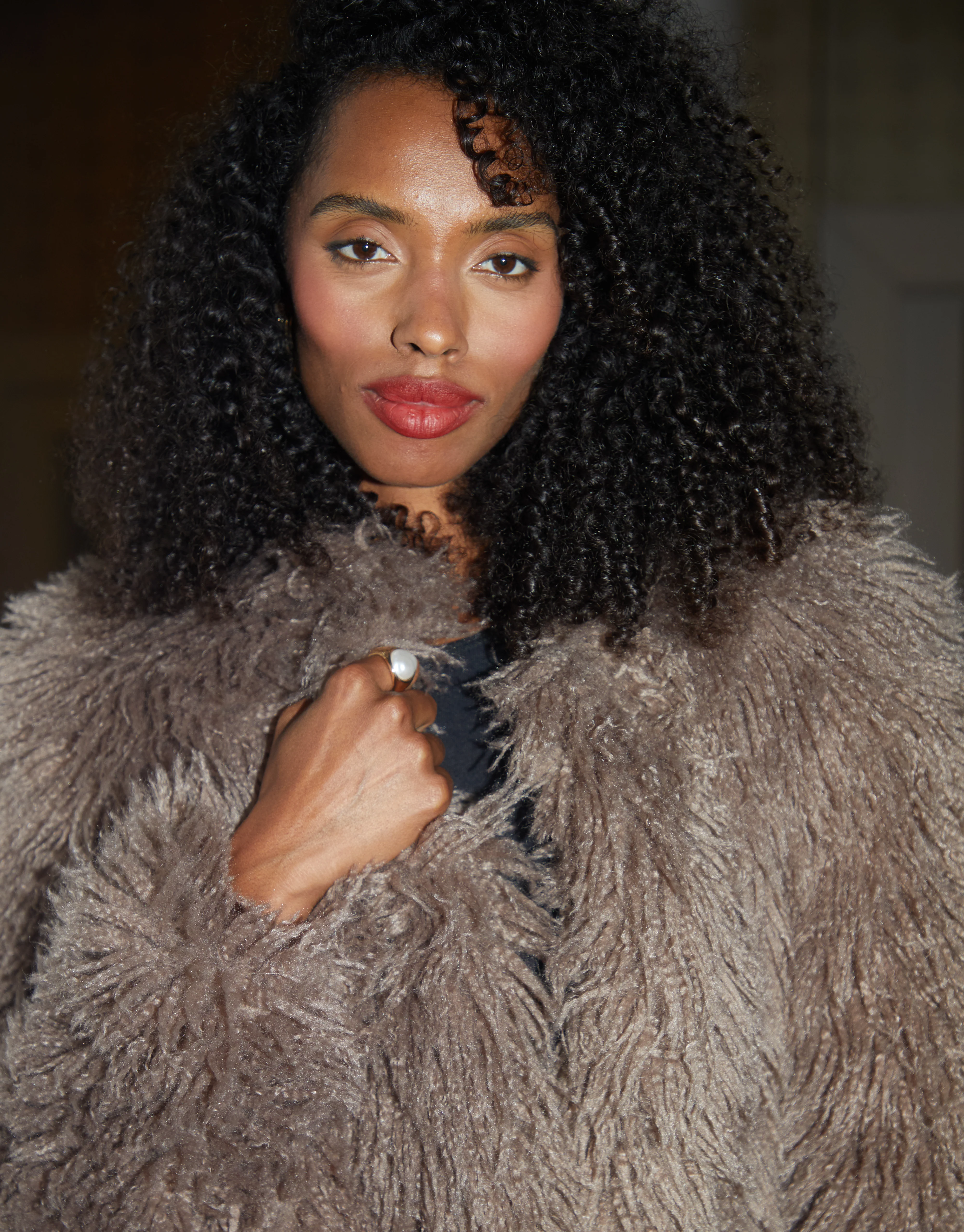 Mongolian Faux Fur Coat in Mushroom - Image 4