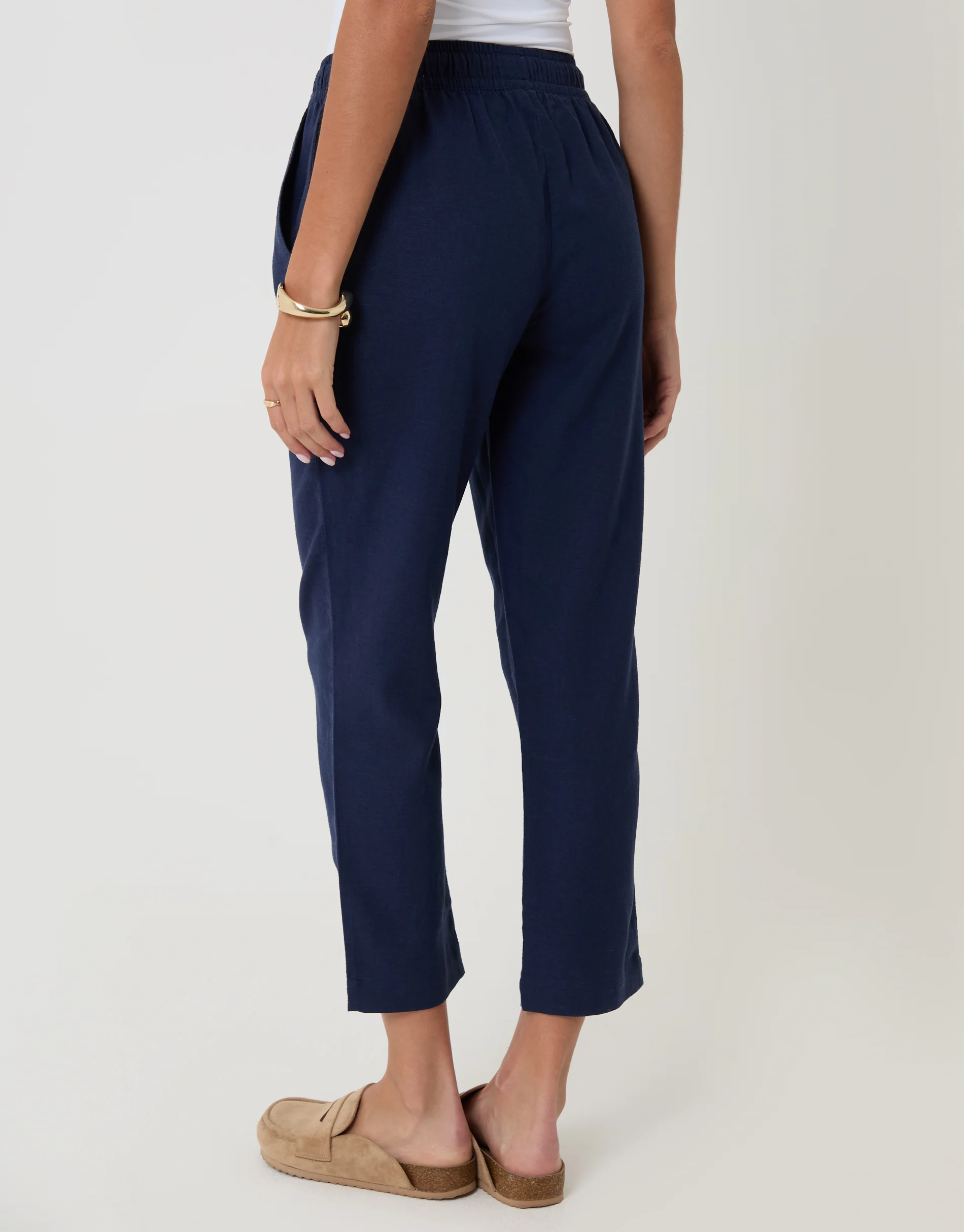 Linen Blend Drawstring Trousers in Navy - Image 3