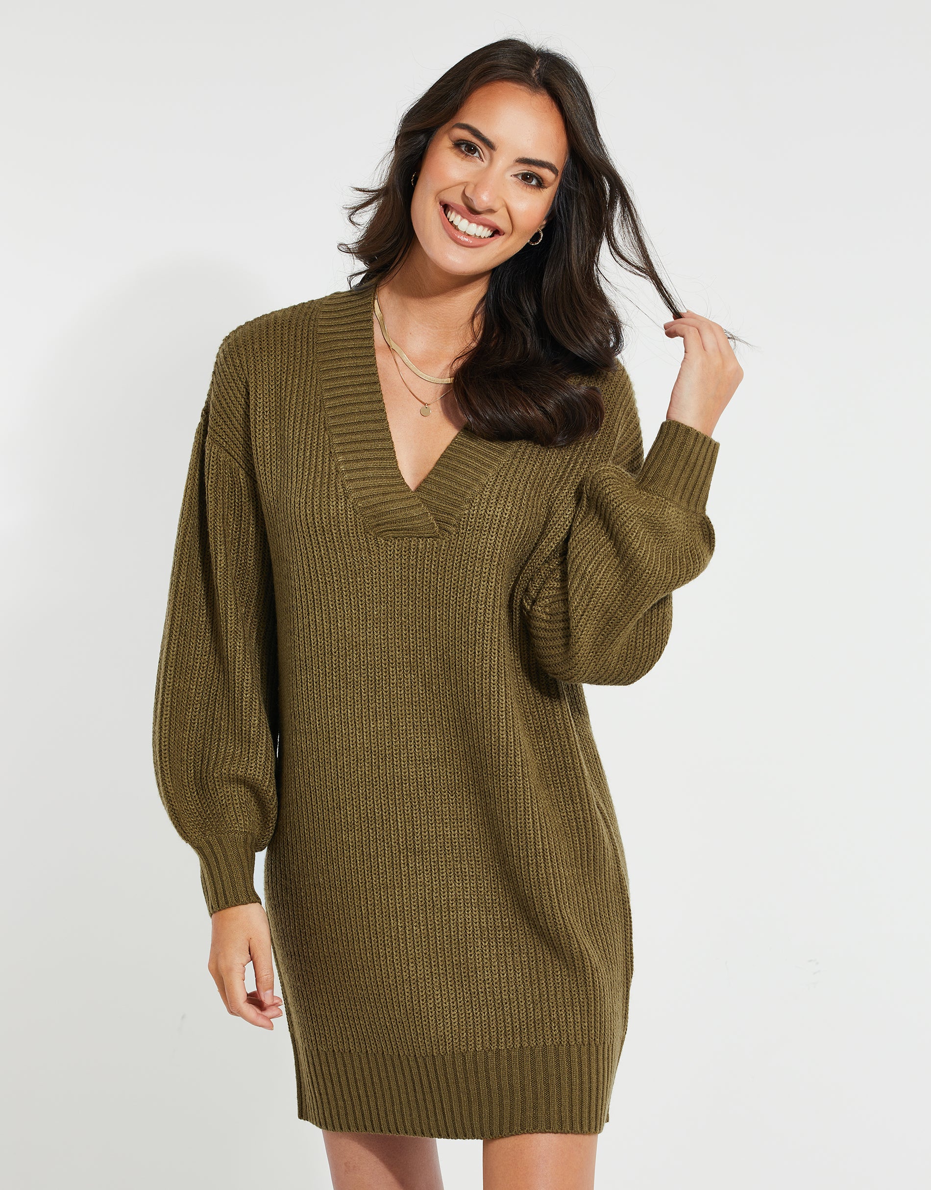 V-Neck Knitted Jumper Dress in Khaki Green - Image 3