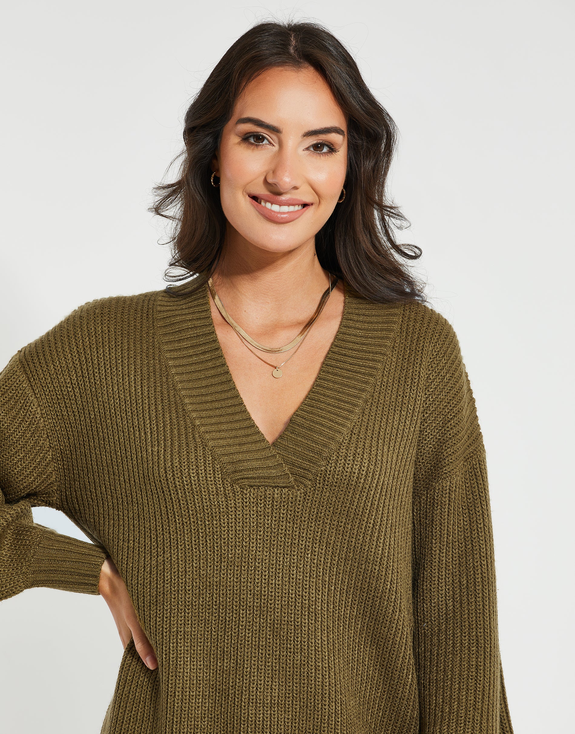V-Neck Knitted Jumper Dress in Khaki Green - Image 4