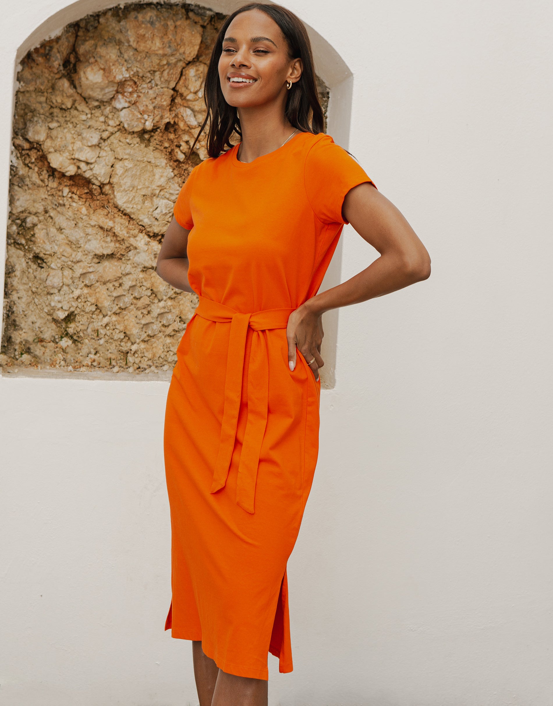Jersey Tie Belt Short Sleeve Midi Dress in Orange