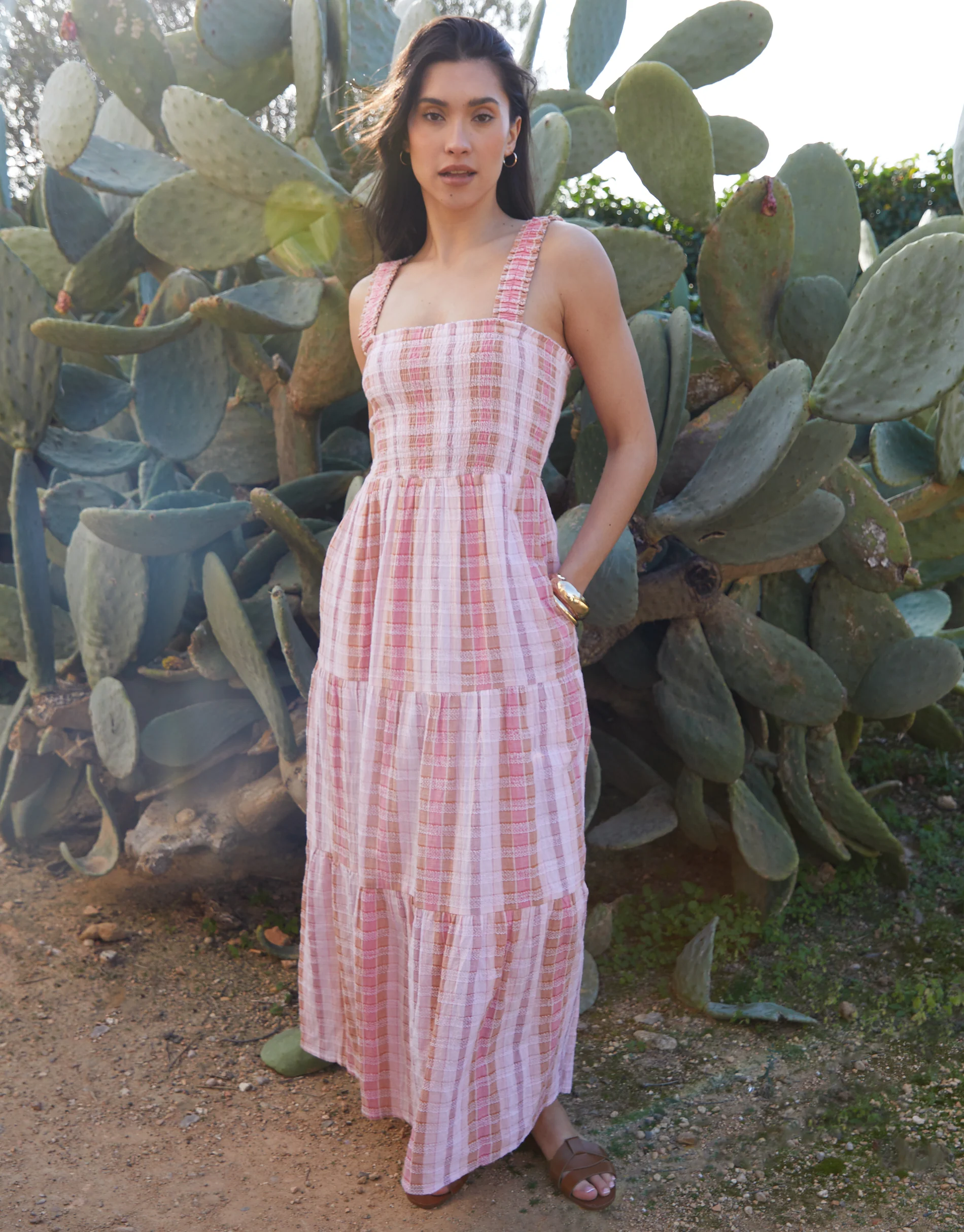 Shirred Gauze Tiered Midi Dress in Pink Check - Image 3