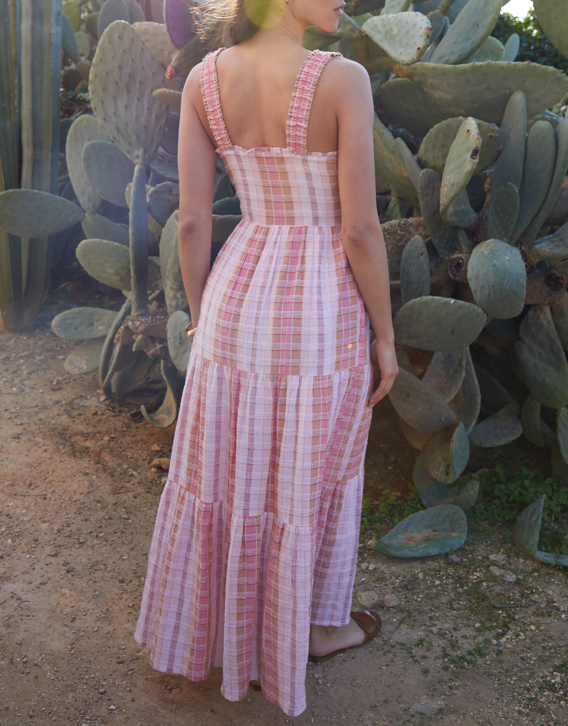 Shirred Gauze Tiered Midi Dress in Pink Check - Image 4