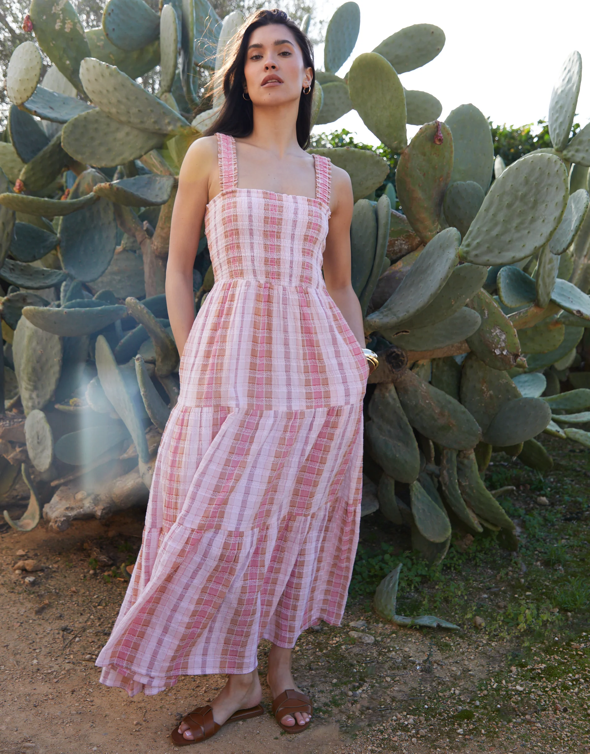 Shirred Gauze Tiered Midi Dress in Pink Check - Image 5