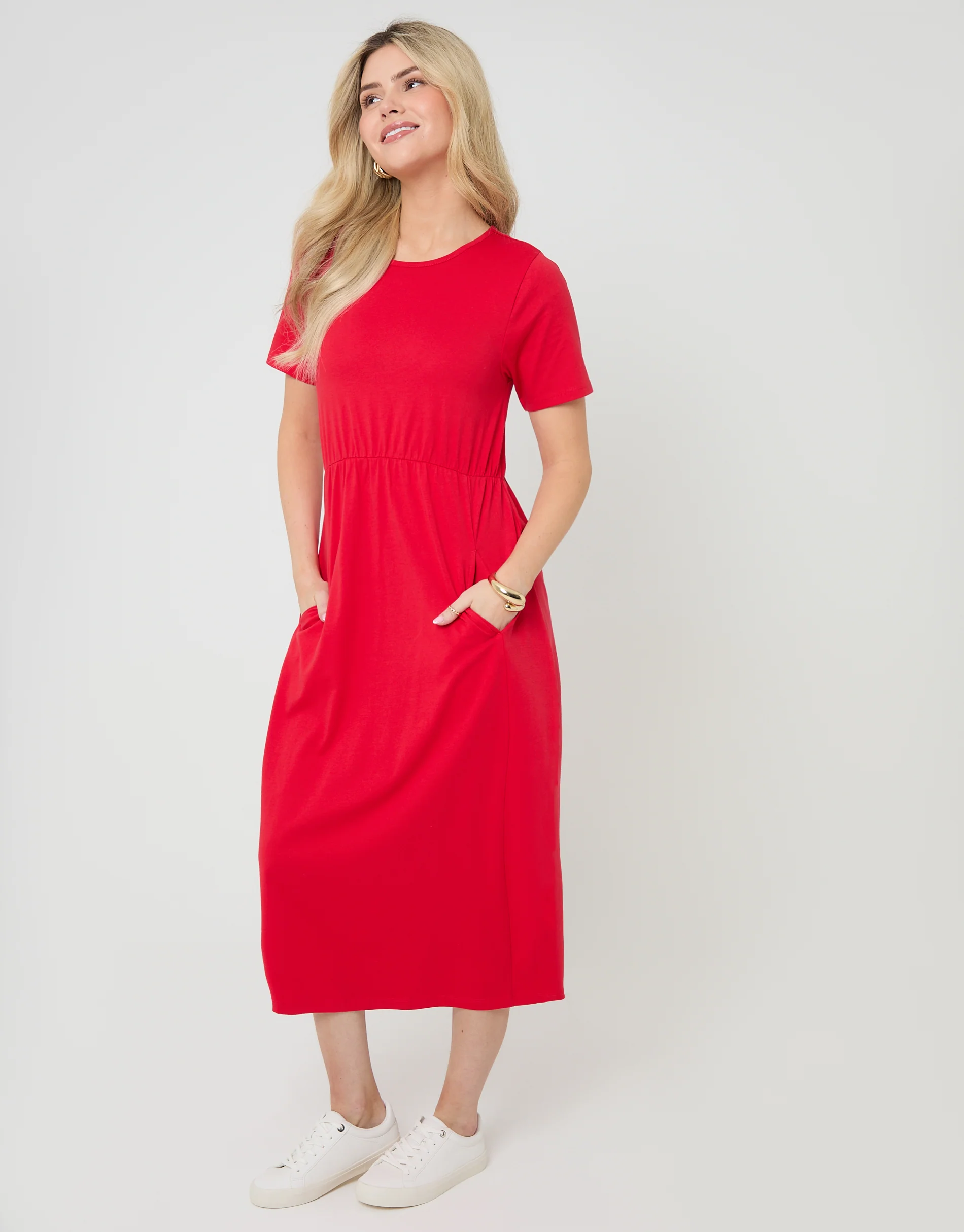 Jersey Midi Smock Dress with Pockets in Red - Image 3