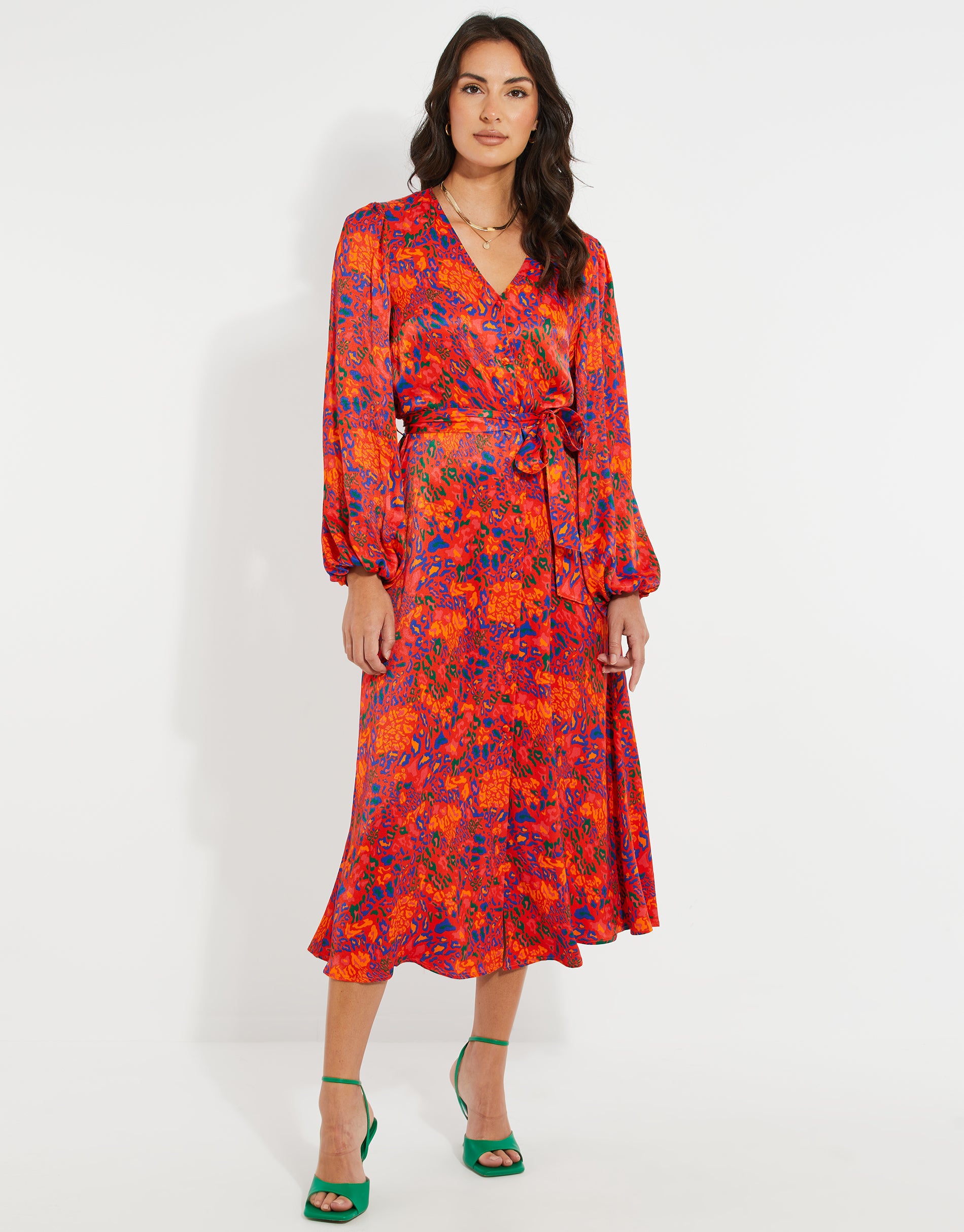 Satin Abstract Animal Print Midi Dress in Red