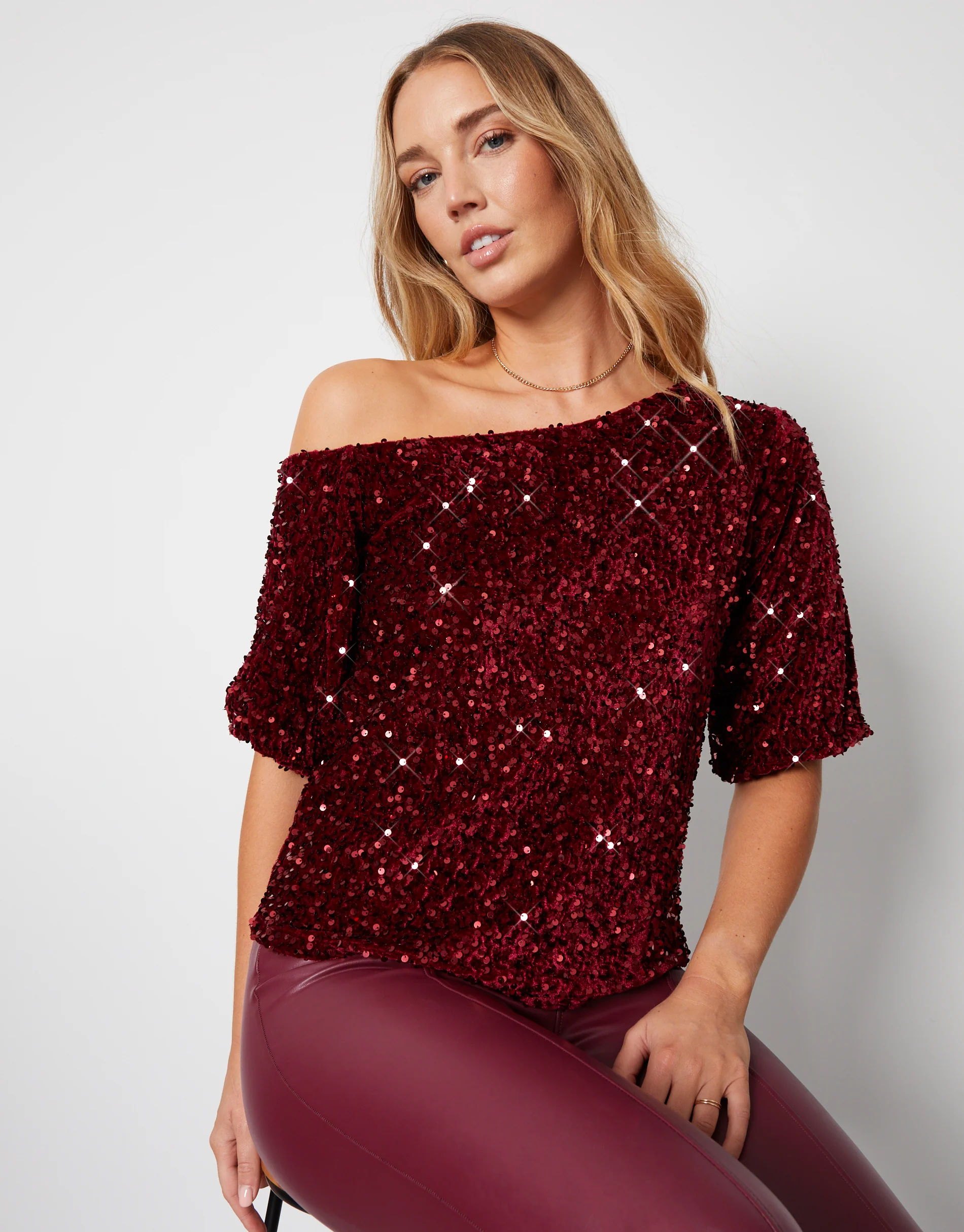 Sequin Velour Drop Shoulder Top in Red - Image 2