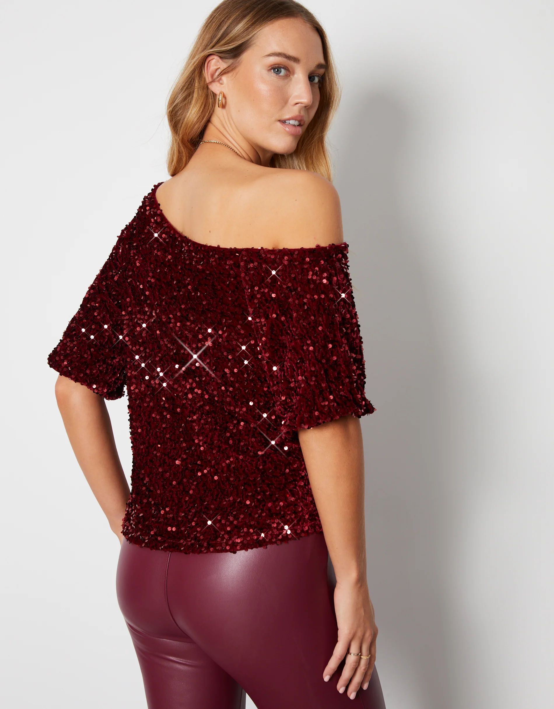 Sequin Velour Drop Shoulder Top in Red - Image 3