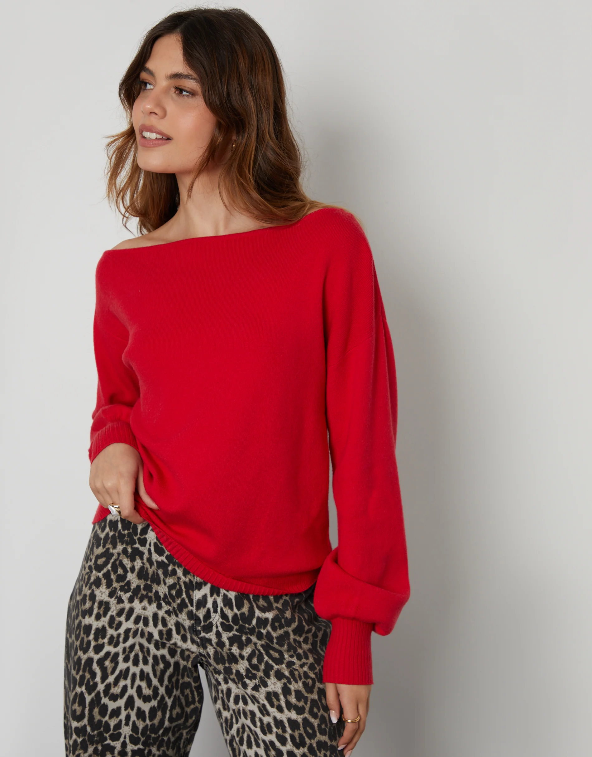 Soft Slash Neck Jumper in Red