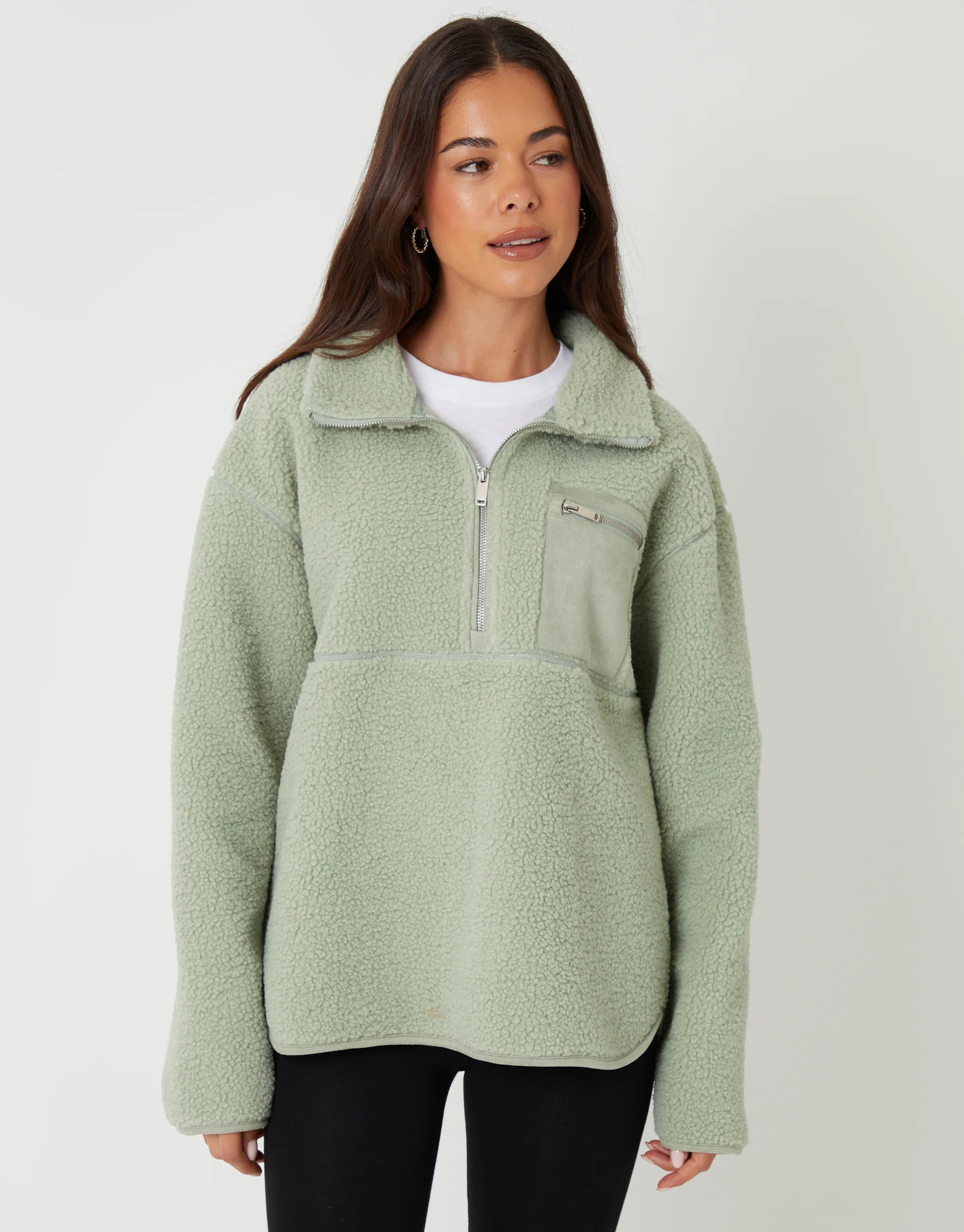 Half Zip Borg Fleece in Sage Green