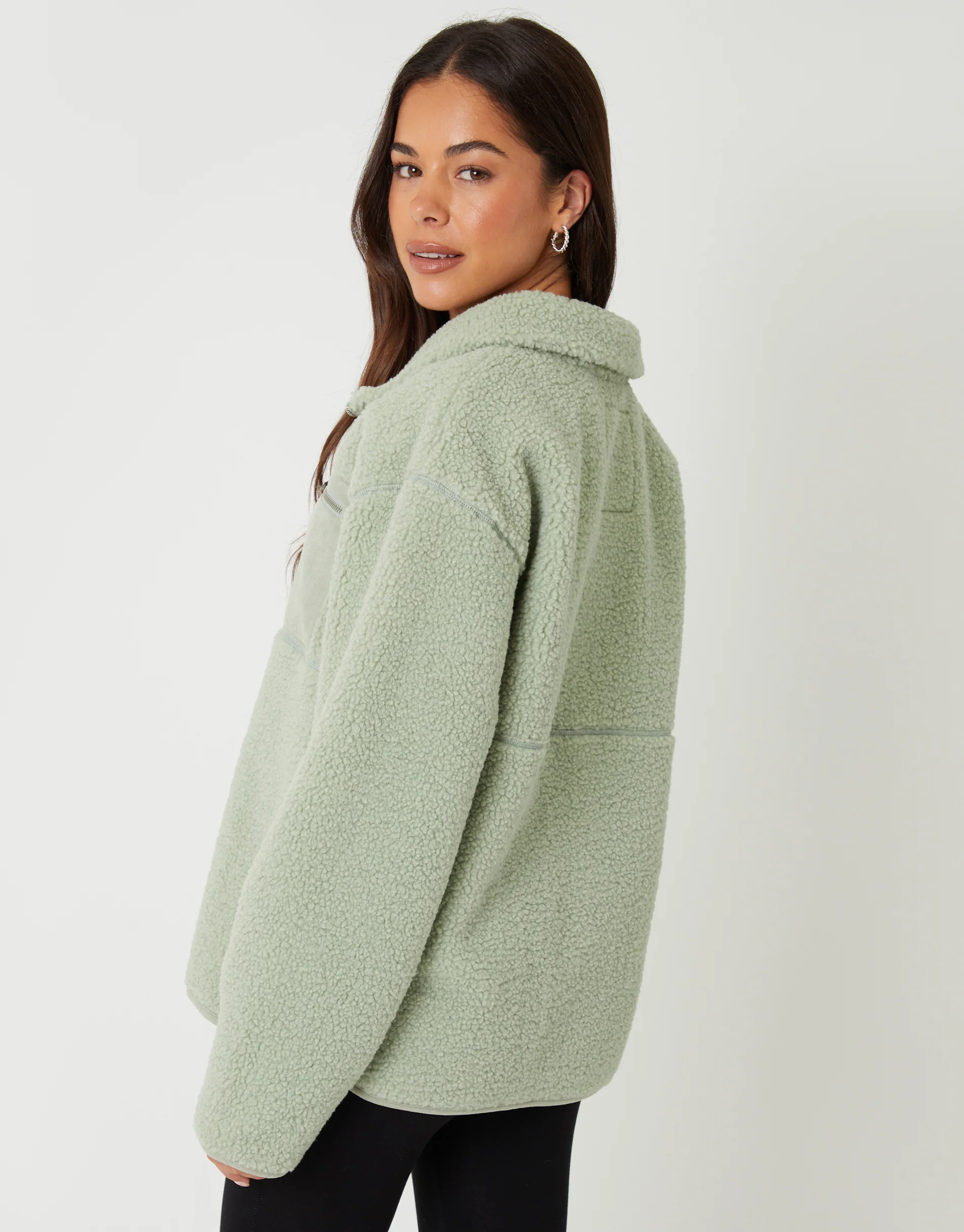 Half Zip Borg Fleece in Sage Green - Image 2