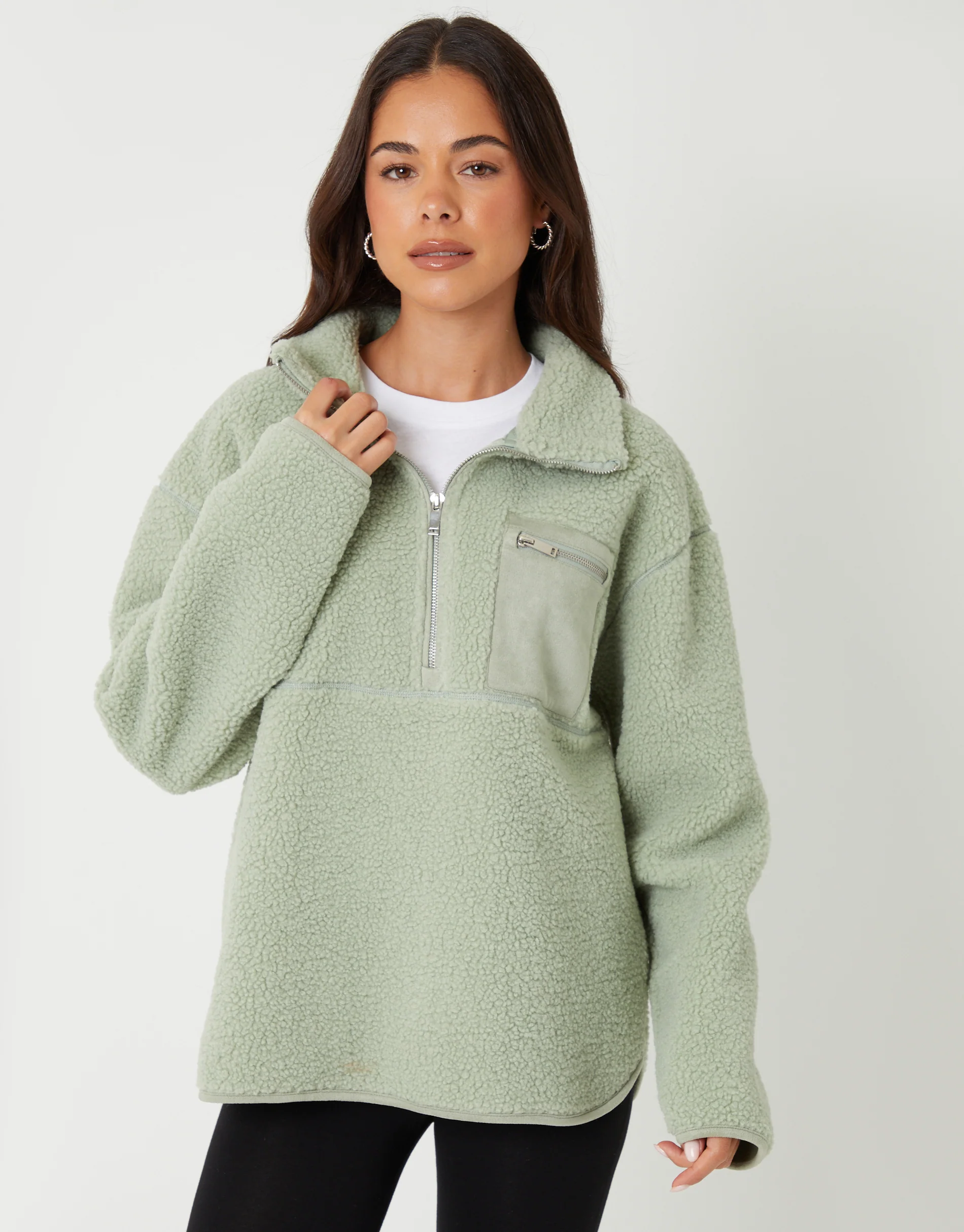 Half Zip Borg Fleece in Sage Green - Image 4
