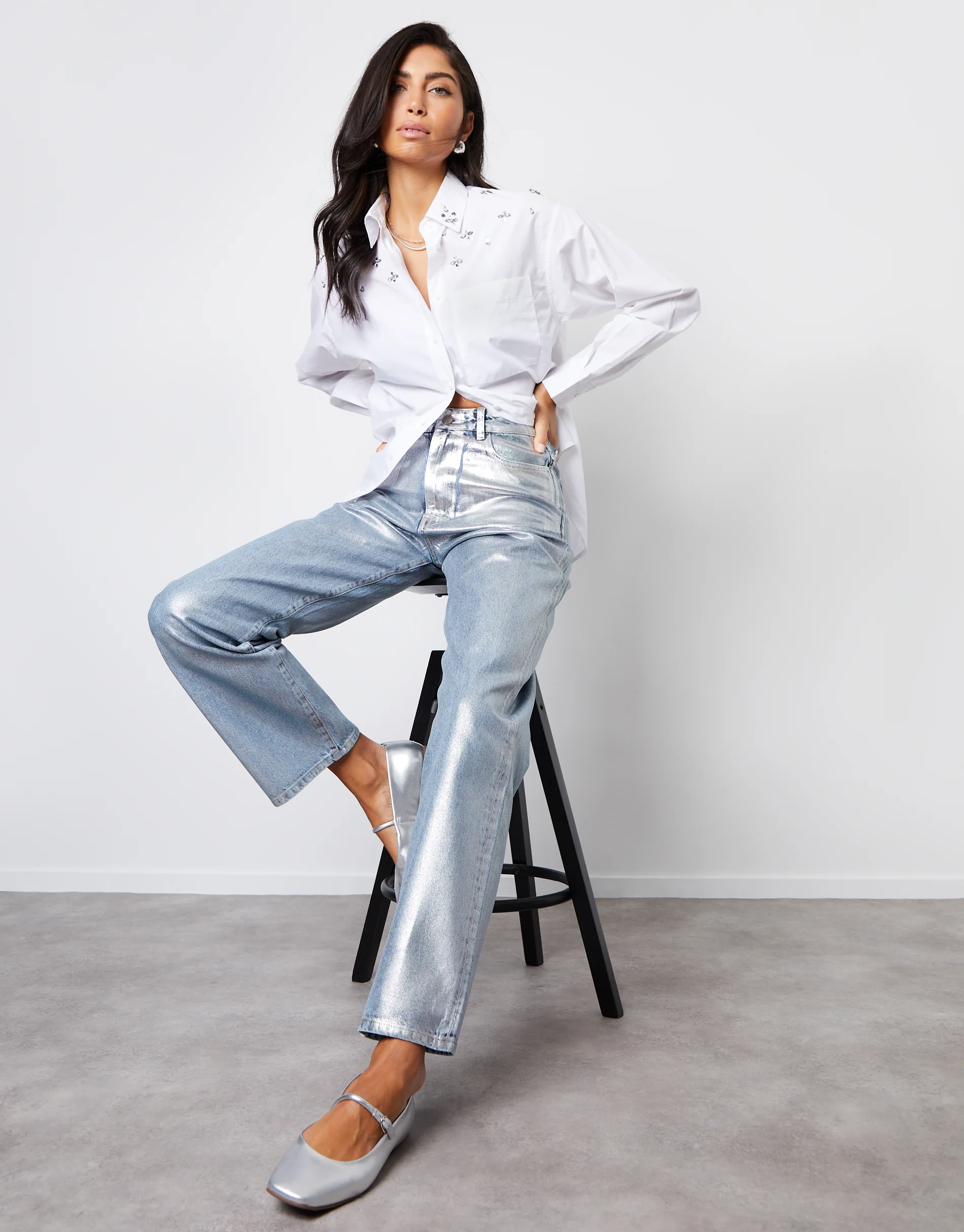 Wide Leg Coated Metallic Denim Jeans in Silver
