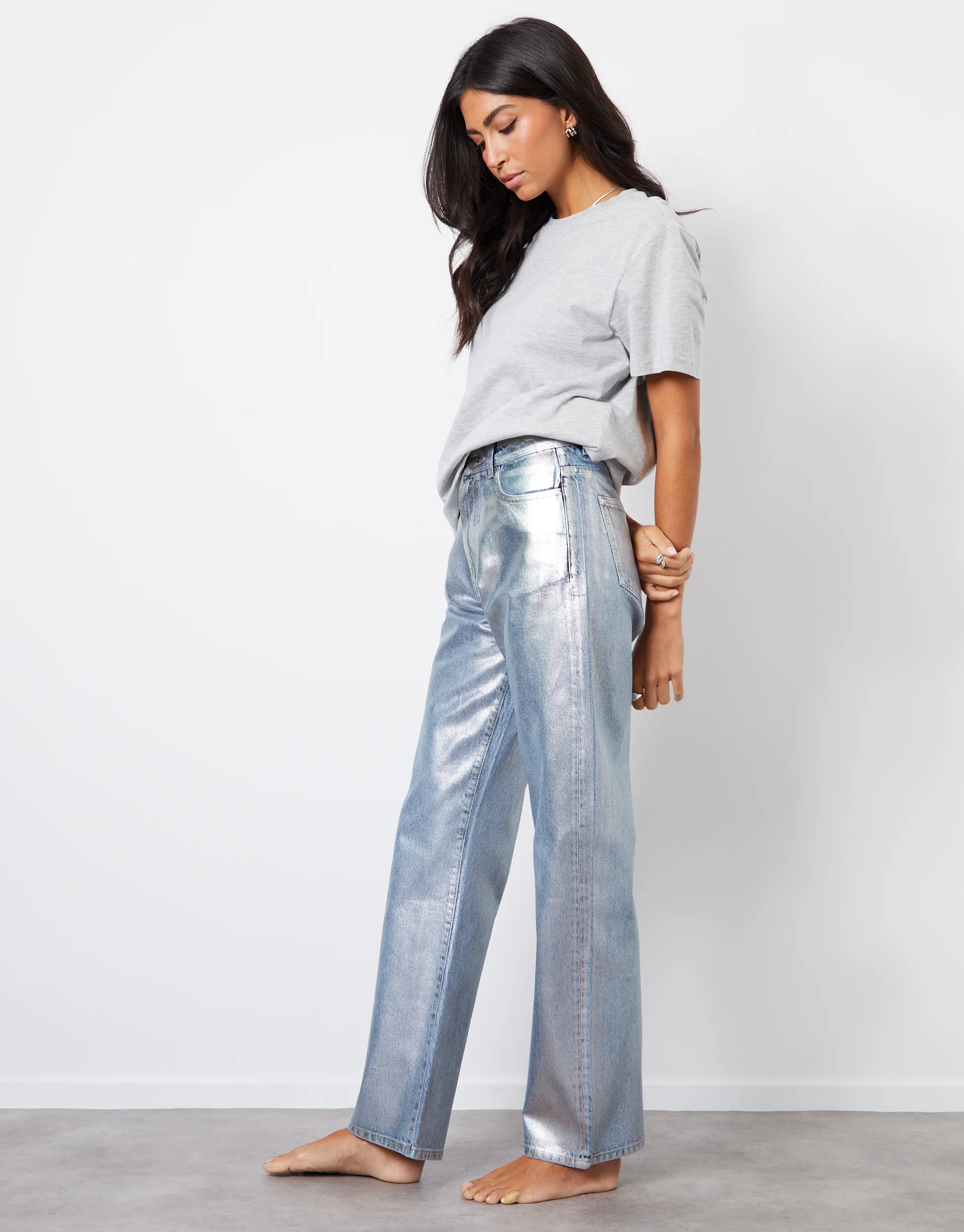 Wide Leg Coated Metallic Denim Jeans in Silver - Image 3