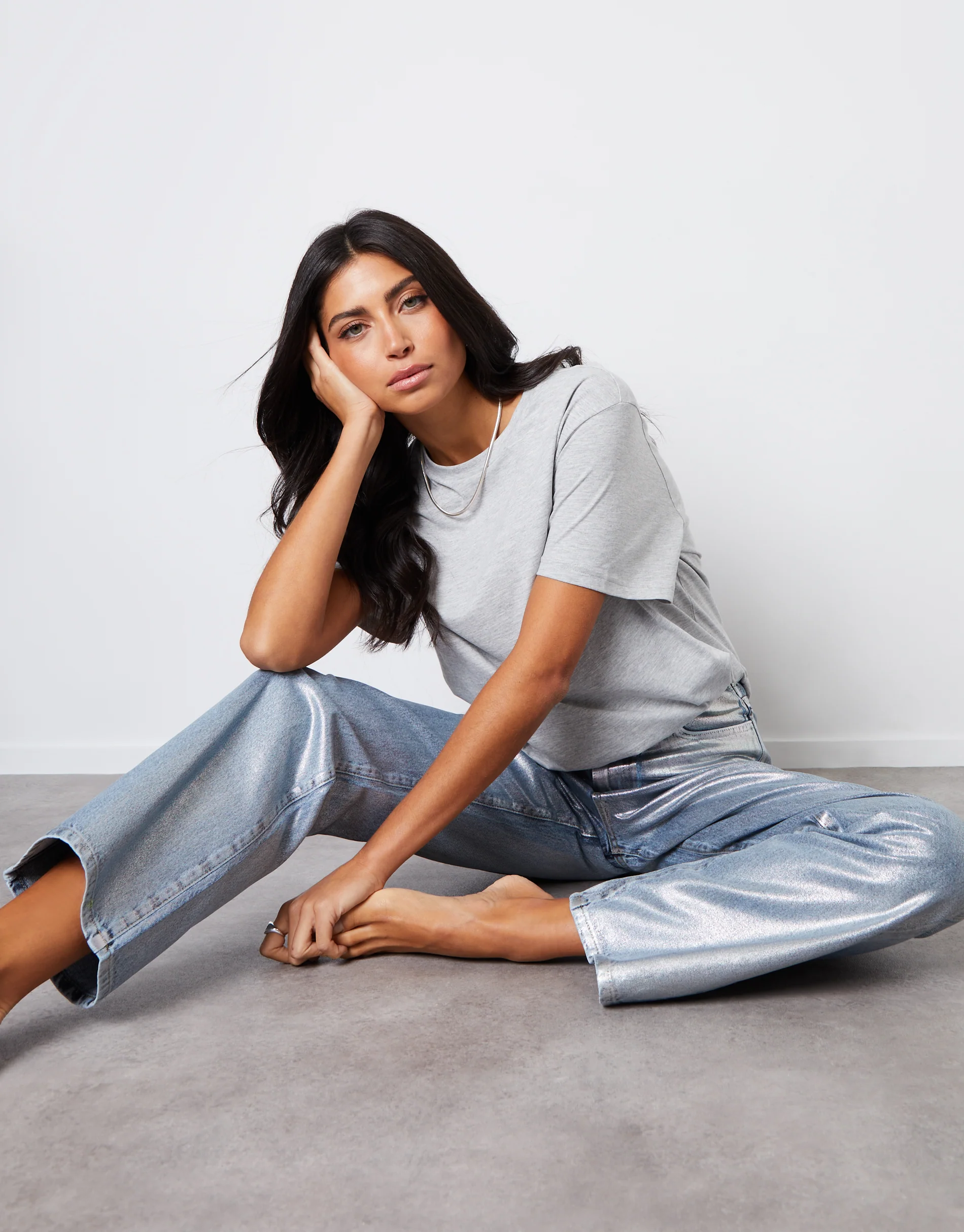 Wide Leg Coated Metallic Denim Jeans in Silver - Image 4