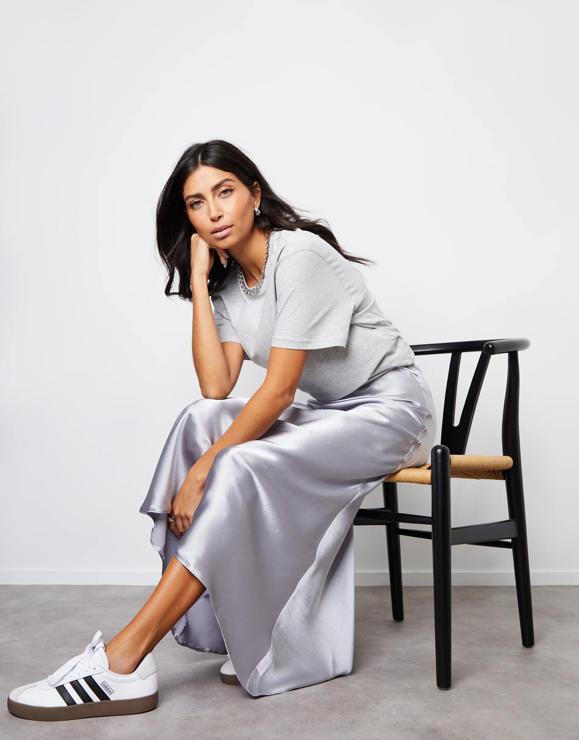 Maxi Satin Slip Skirt in Silver