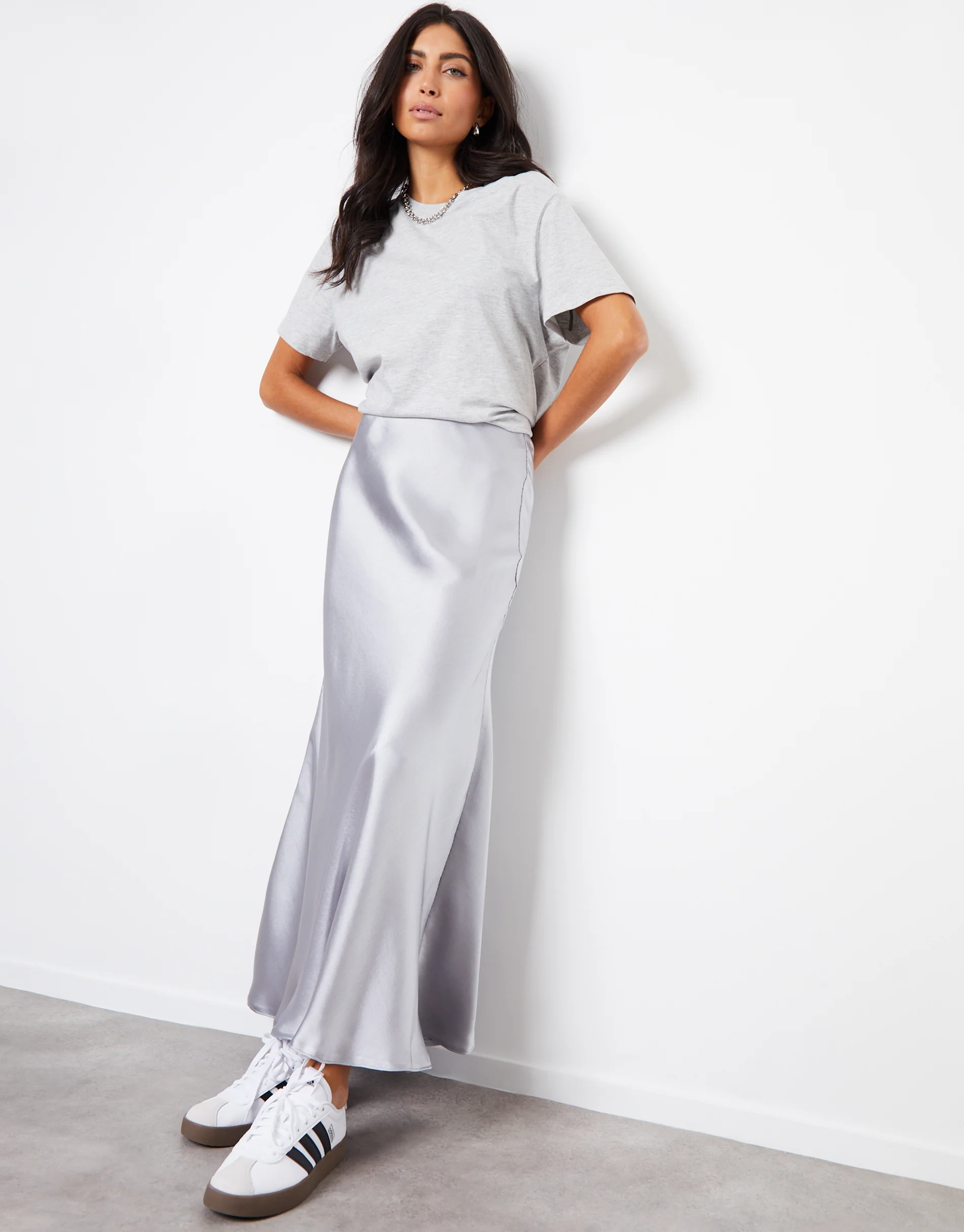 Maxi Satin Slip Skirt in Silver - Image 3