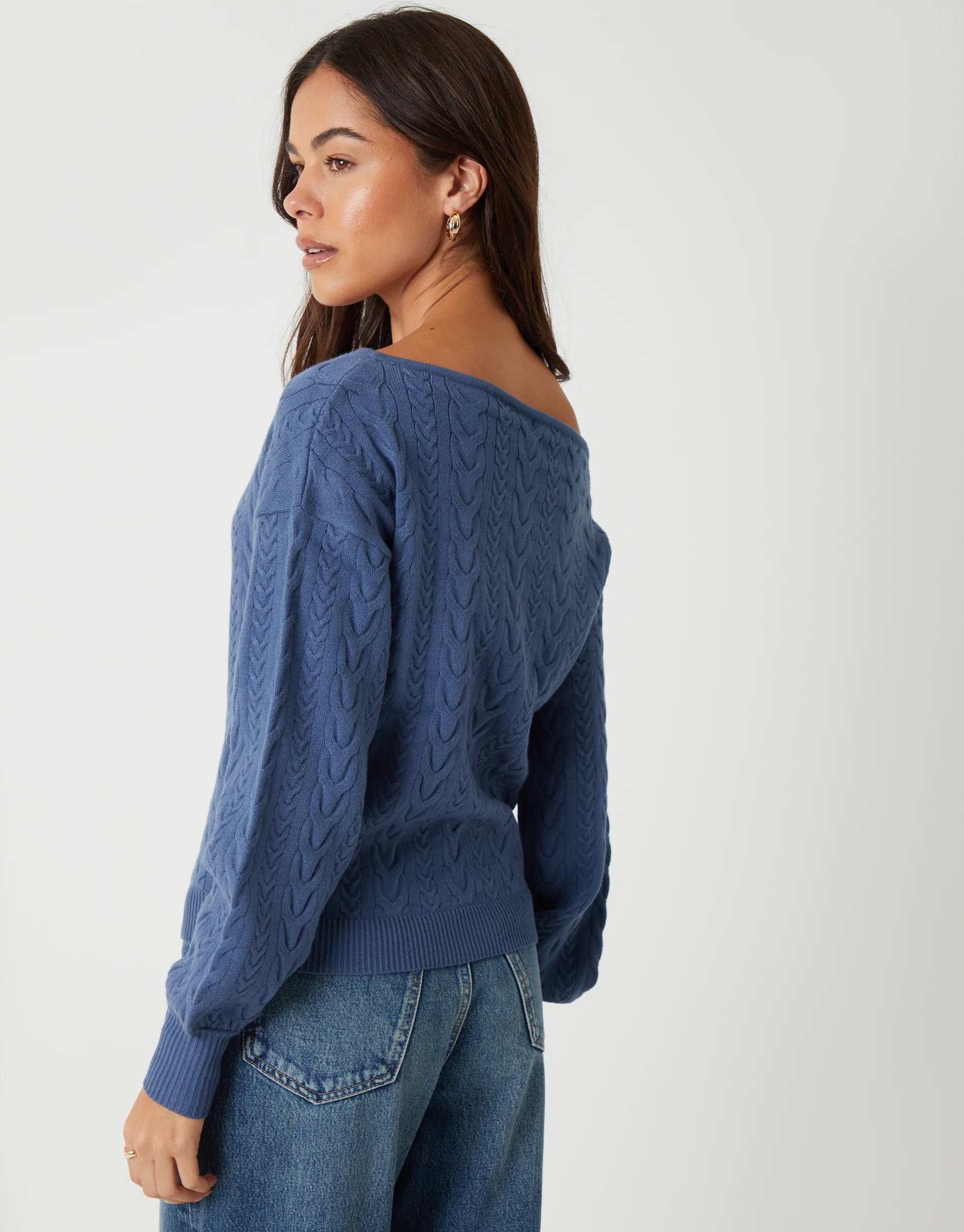 Blue Cable Knit Slash Neck Jumper in Cream - Image 3