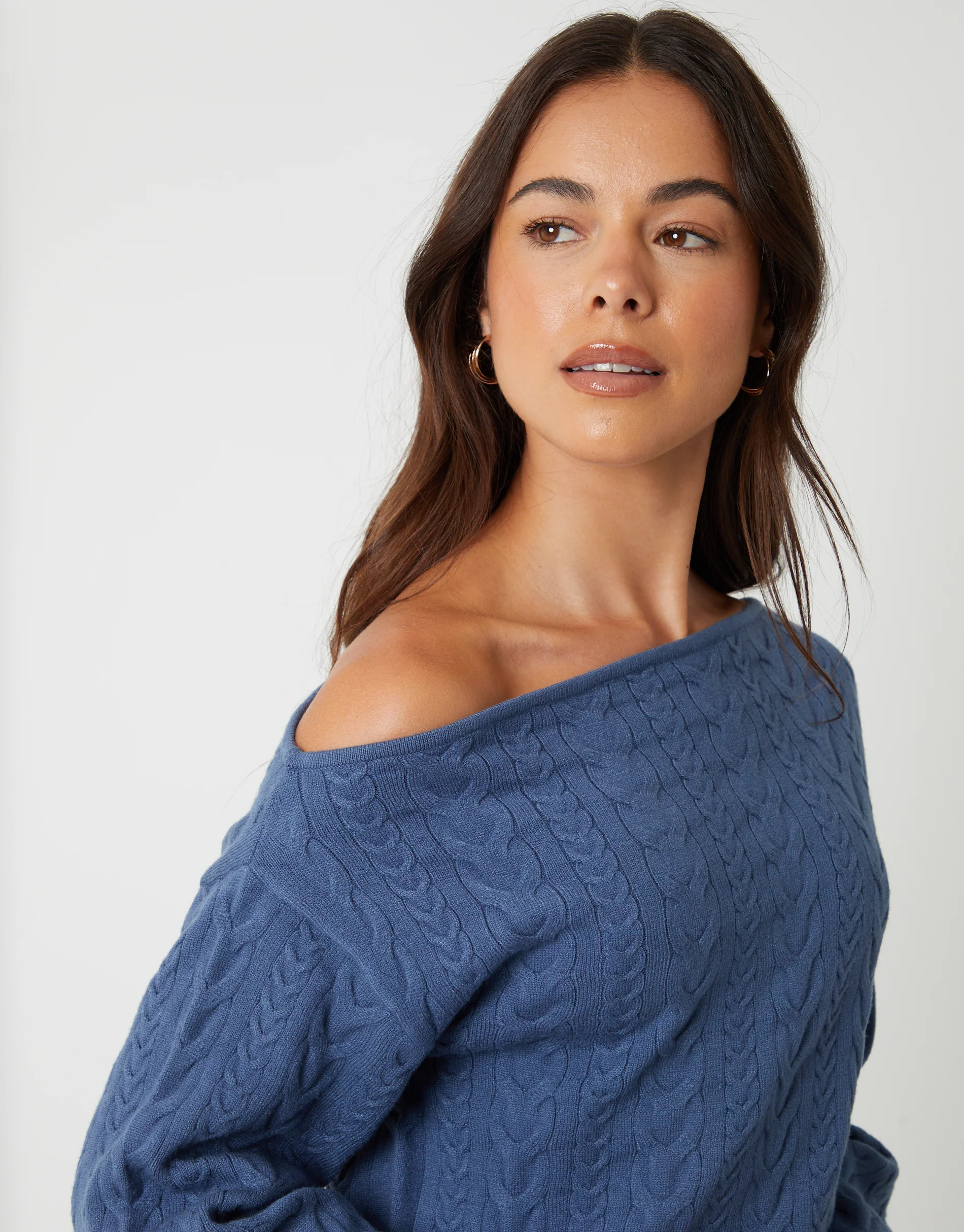 Blue Cable Knit Slash Neck Jumper in Cream - Image 5