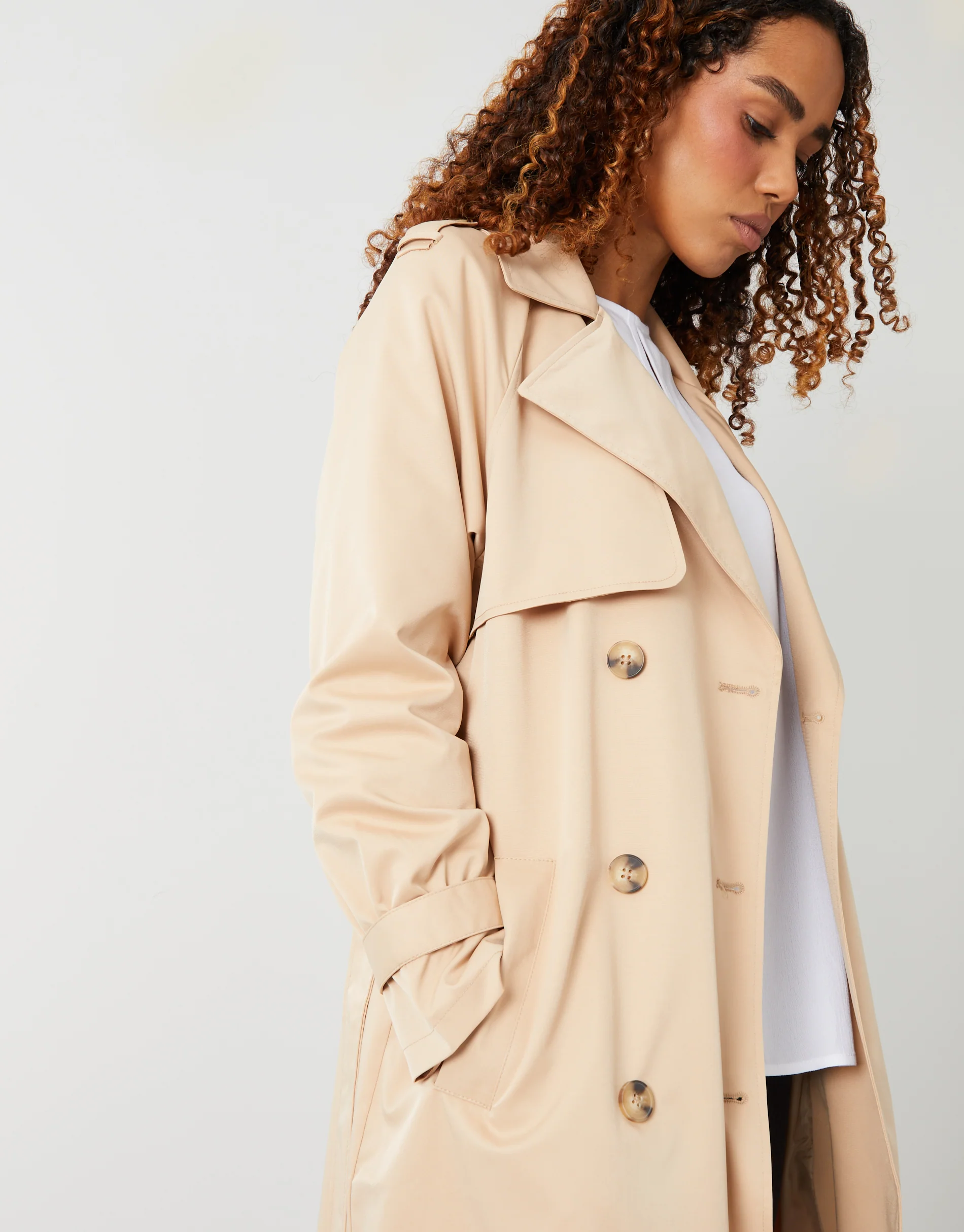 Double Breasted Trench Coat in Stone - Image 3