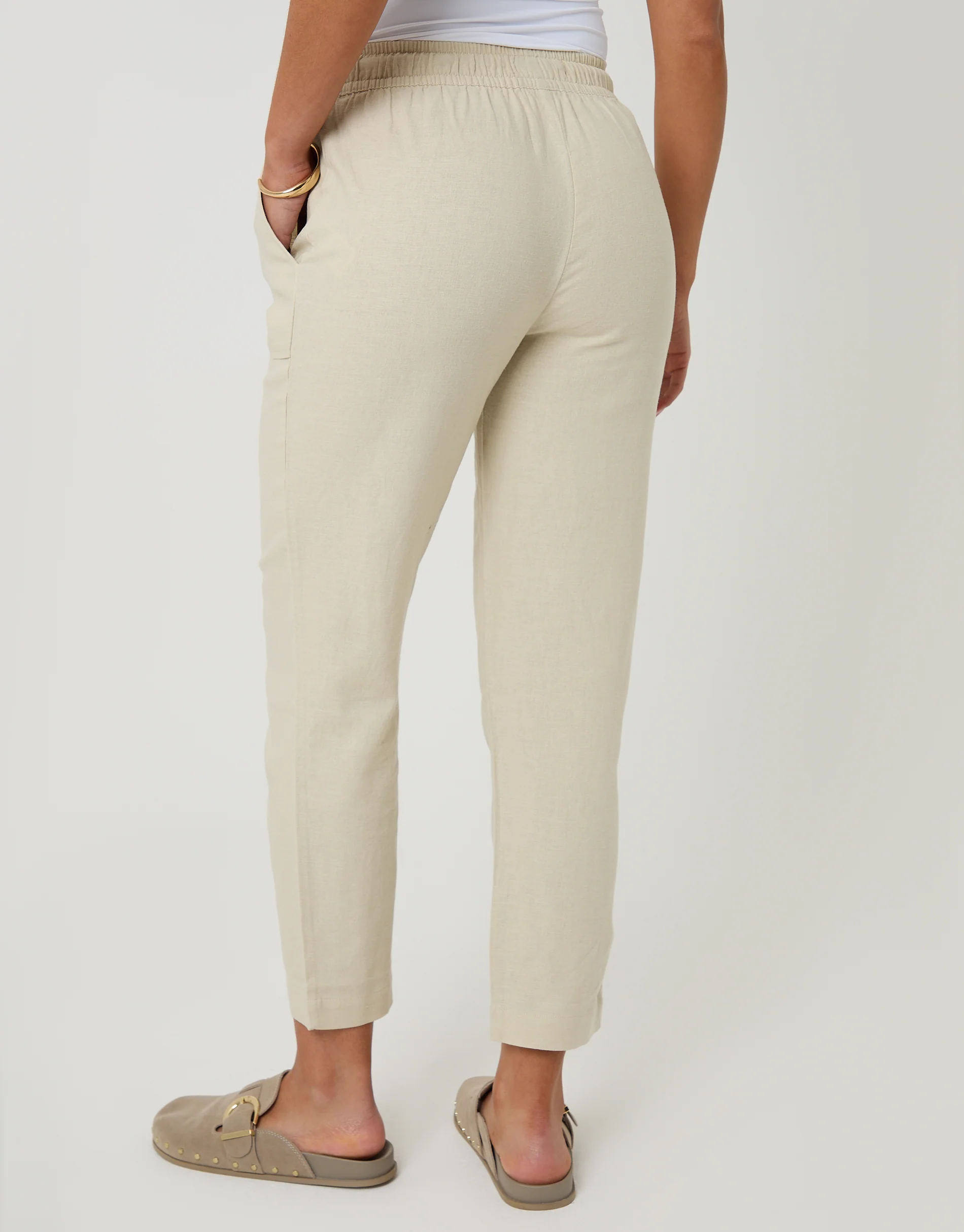 Linen Blend Drawstring Trousers in Stone - Image 3