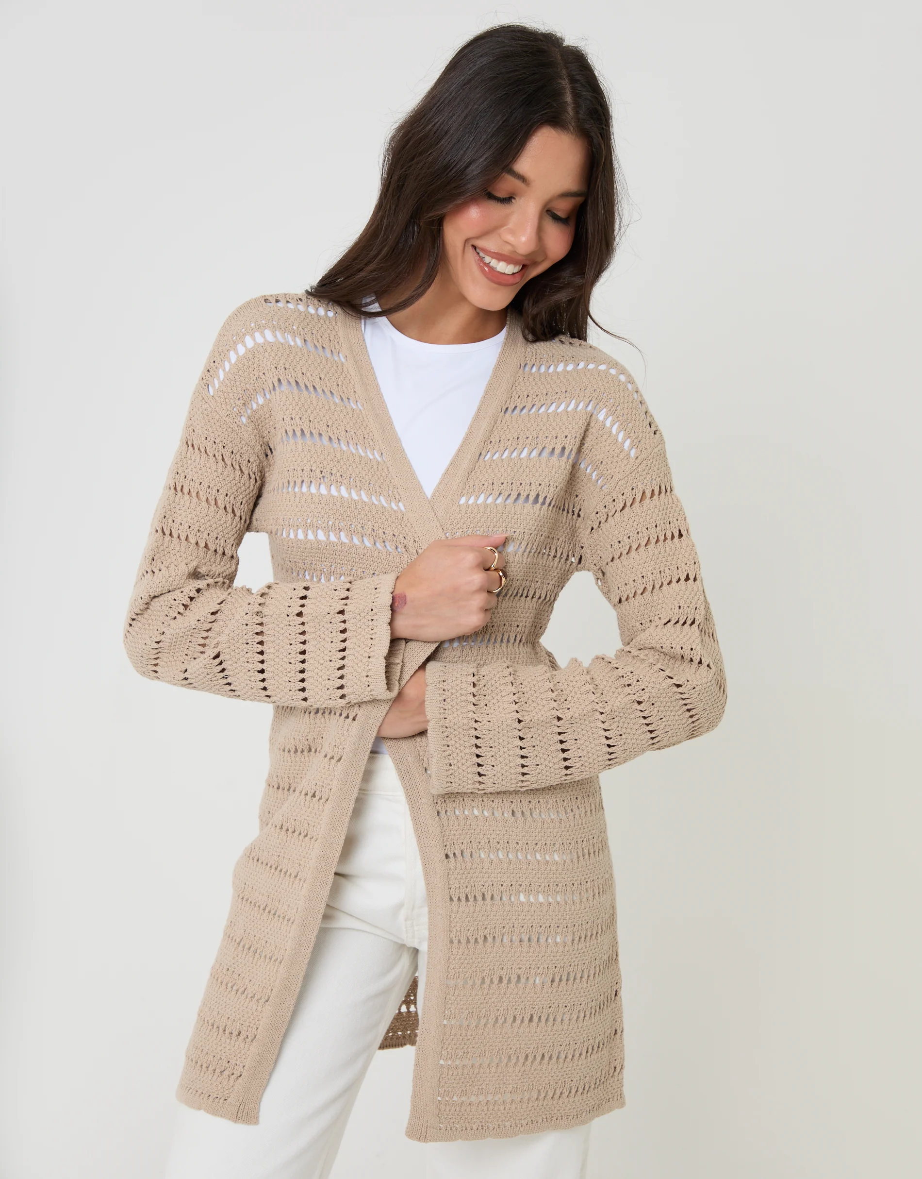 Longline Crochet Pointelle Knit Cardigan in Stone