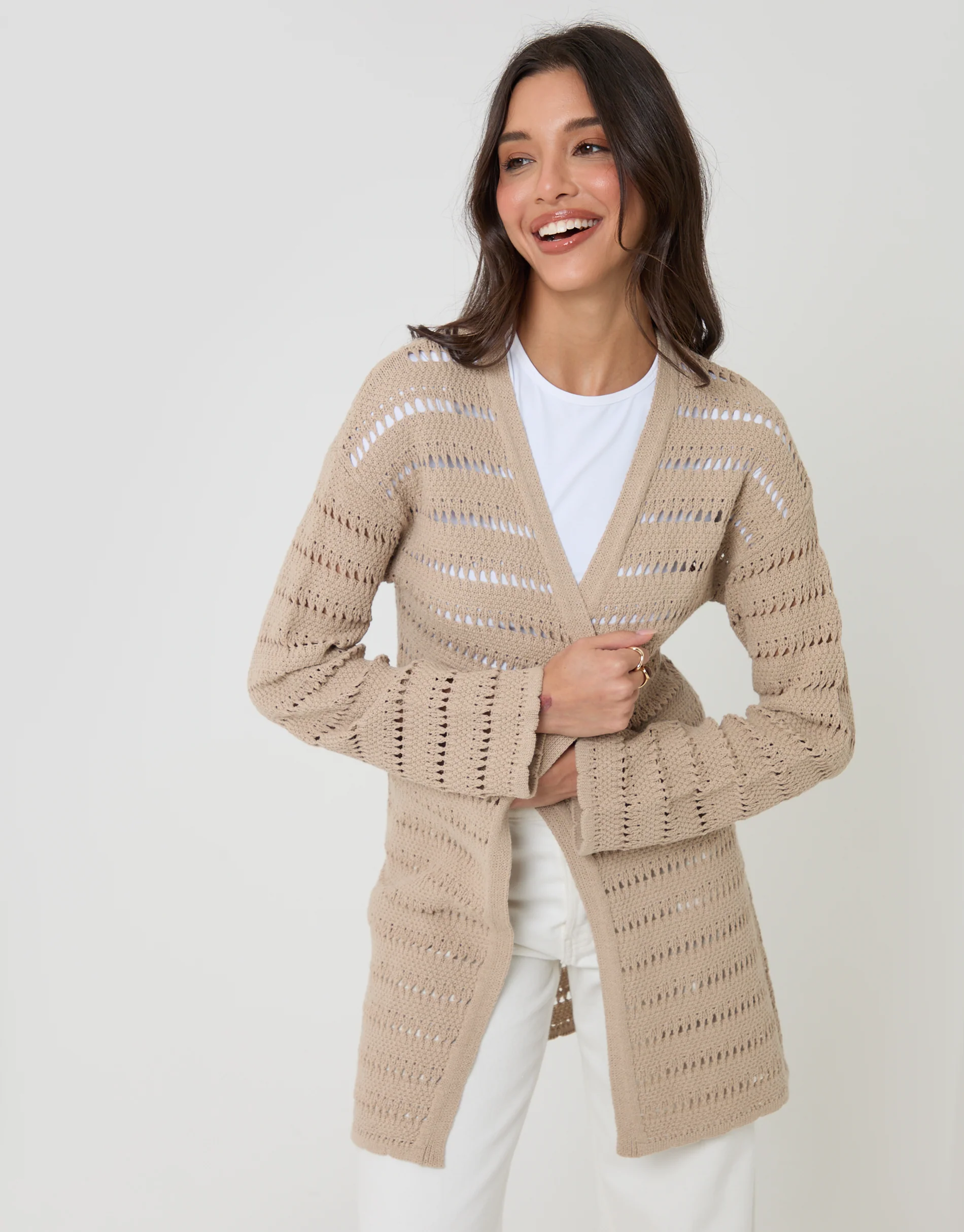 Longline Crochet Pointelle Knit Cardigan in Stone - Image 5